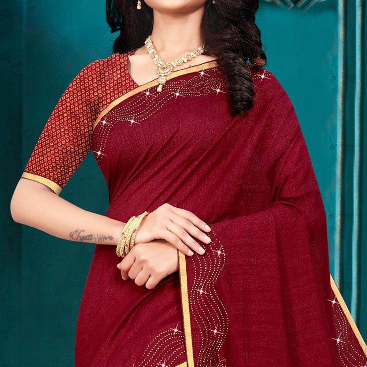 Maroon Embellished With Embroidered Vichitra Silk Saree - Peachmode