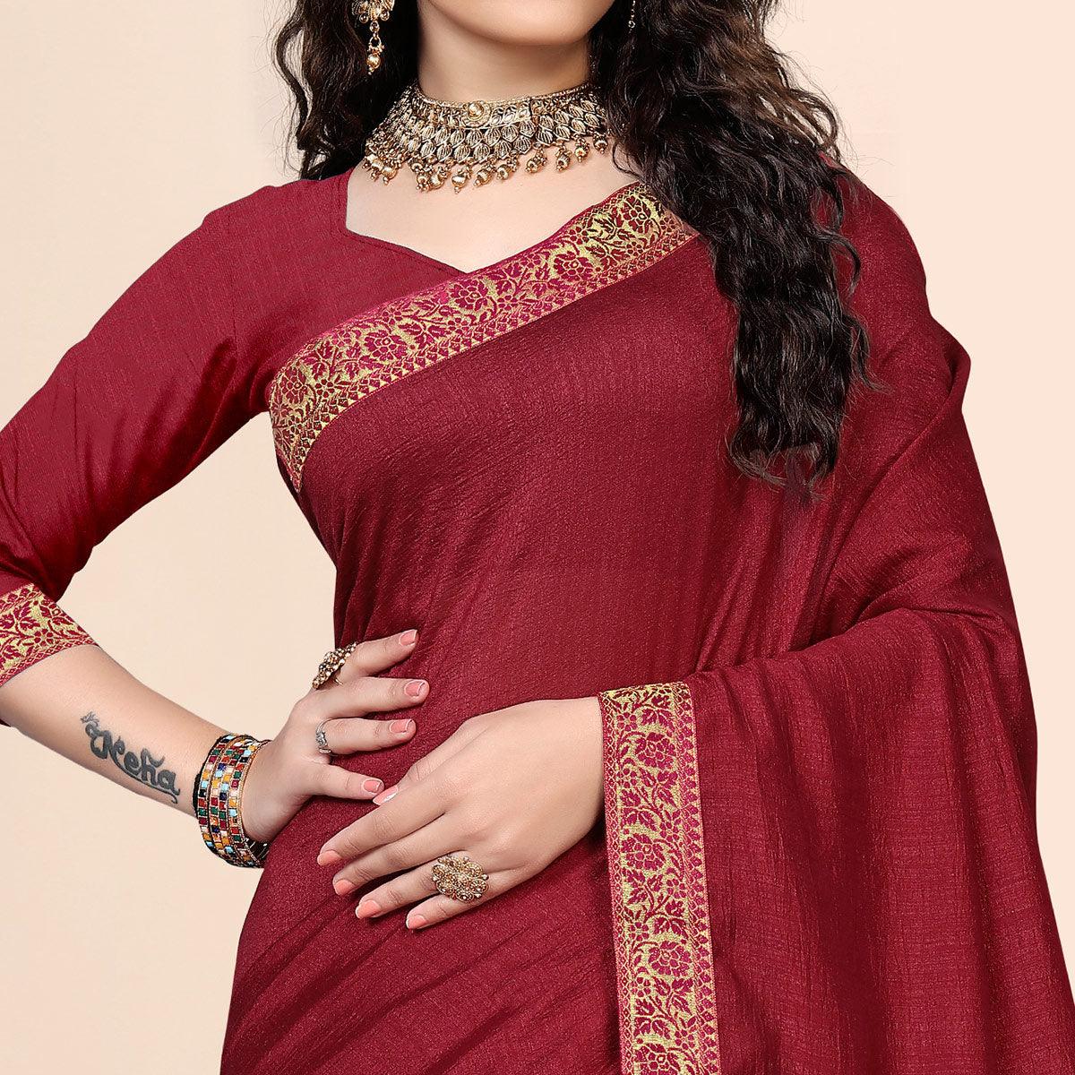 Maroon Embellished With Embroidered Vichitra Silk Saree - Peachmode