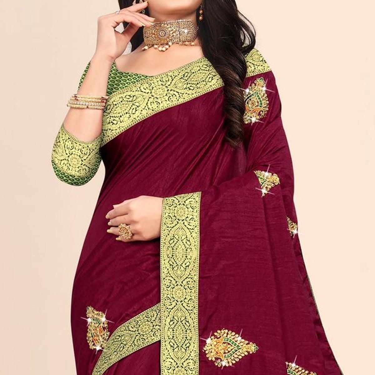 Maroon Embellished With Embroidered Vichitra Silk Saree - Peachmode