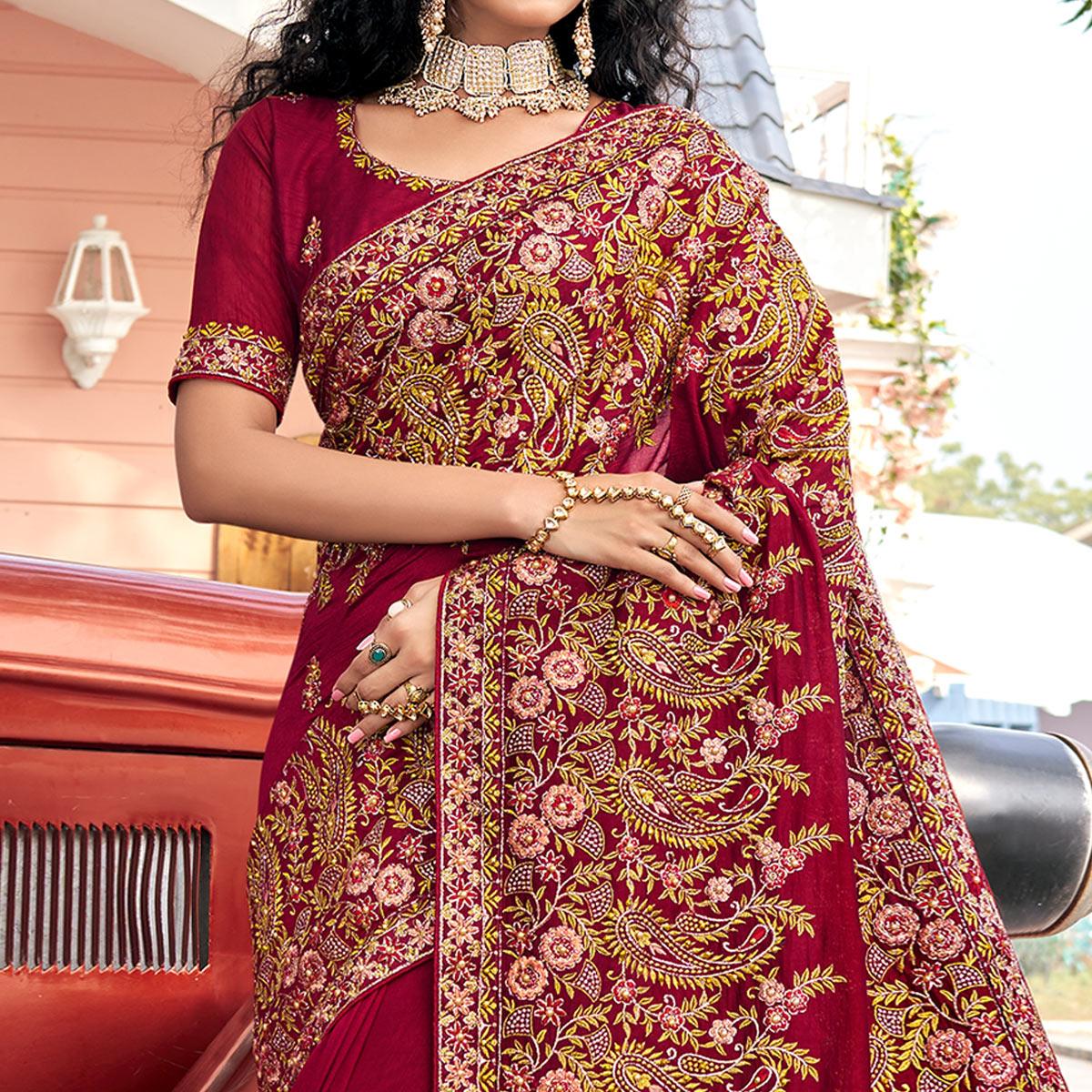 Maroon Embellished With Embroidered Vichitra Silk Saree - Peachmode