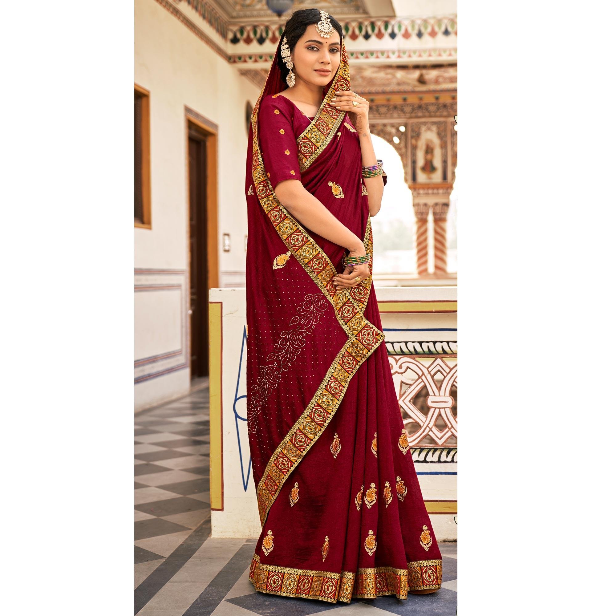 Maroon Embellished With Embroidered Vichitra Silk Saree - Peachmode