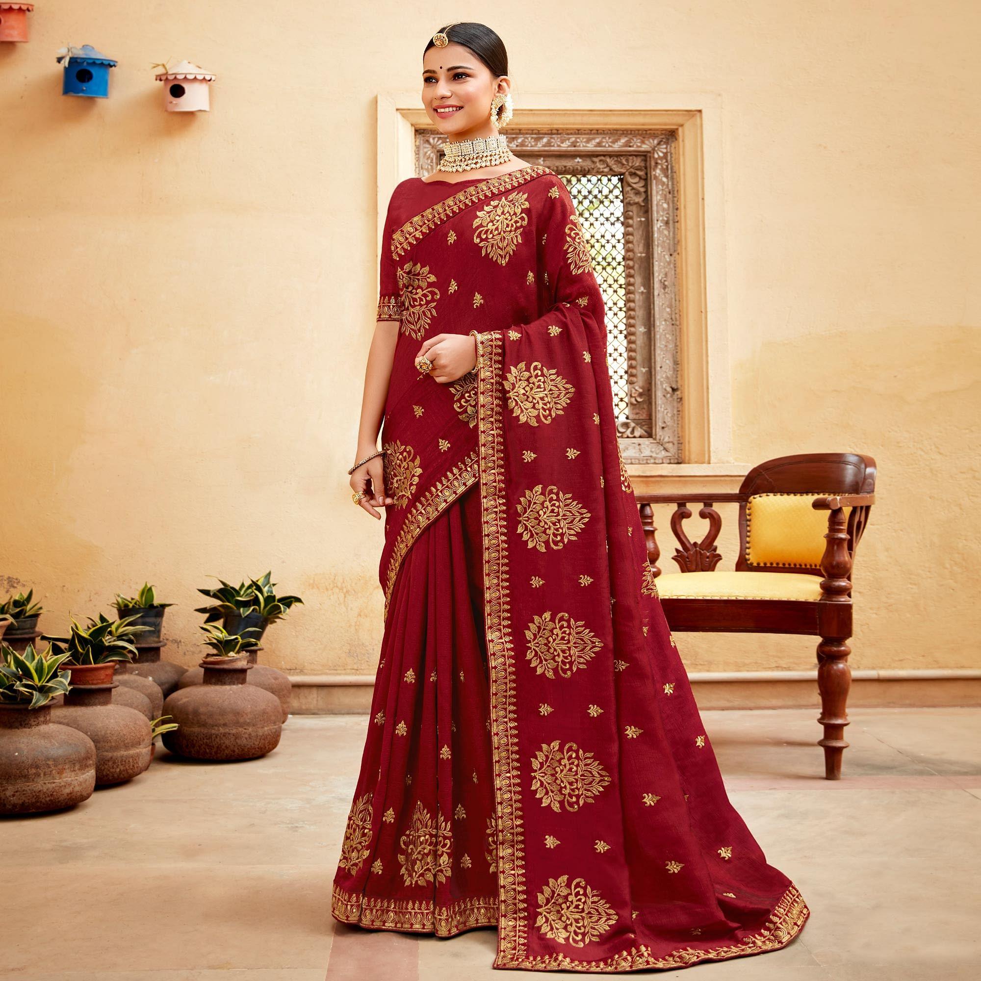 Maroon Embellished With Woven Vichitra Silk Saree - Peachmode