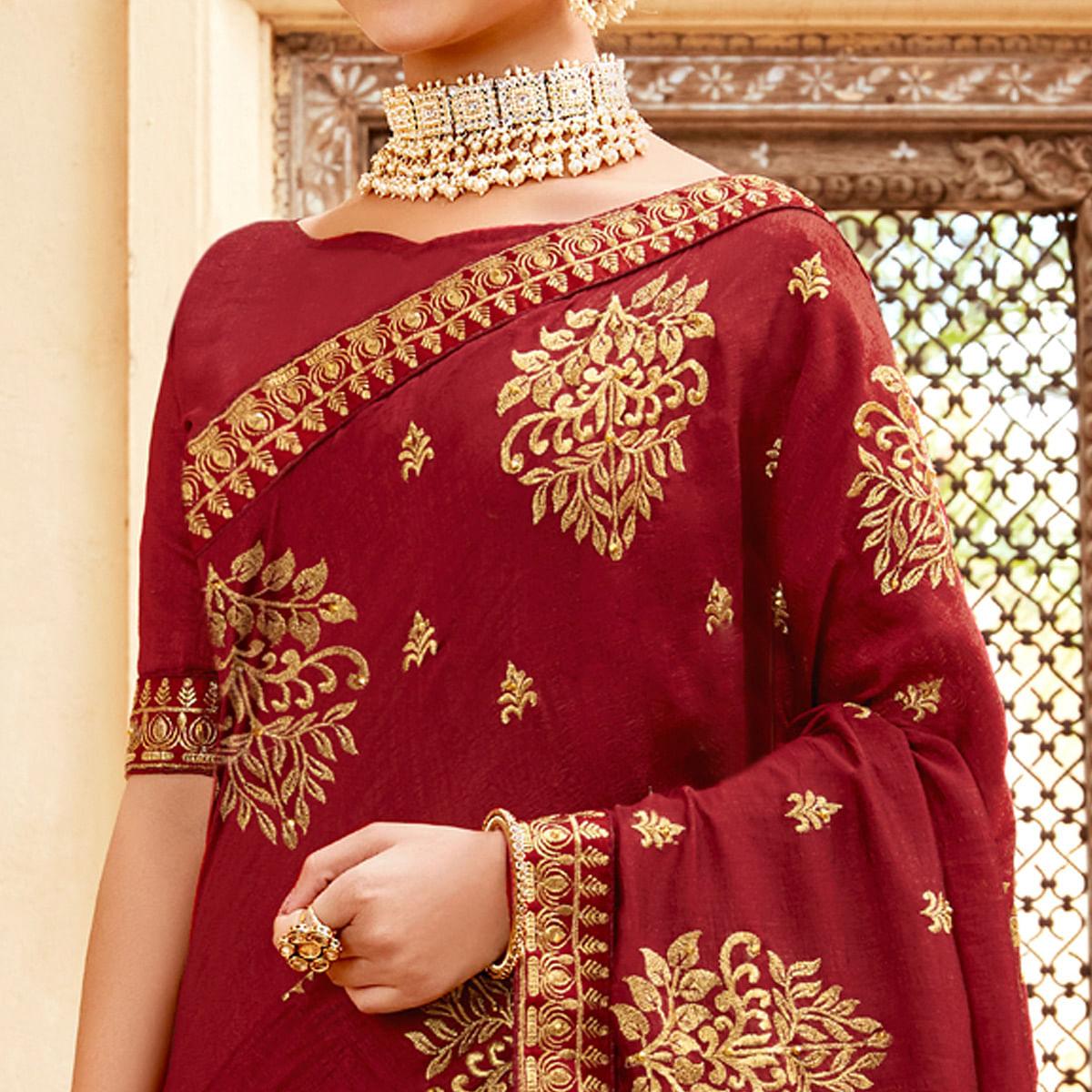 Maroon Embellished With Woven Vichitra Silk Saree - Peachmode