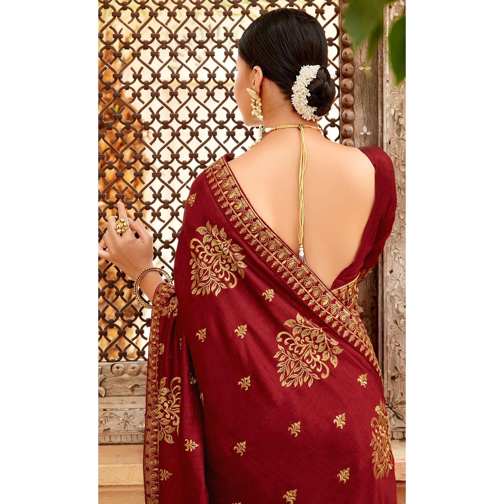 Maroon Embellished With Woven Vichitra Silk Saree - Peachmode