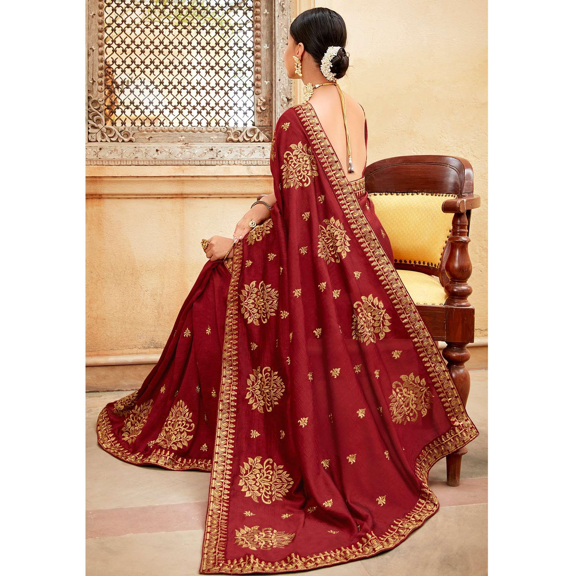 Maroon Embellished With Woven Vichitra Silk Saree - Peachmode