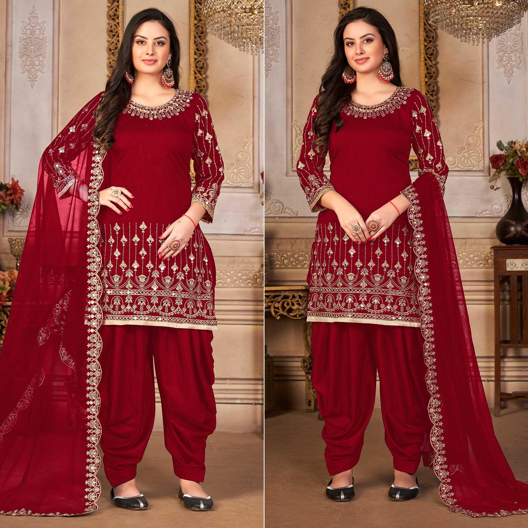 Maroon Embroidered Art Silk Patiala Suit - Peachmode