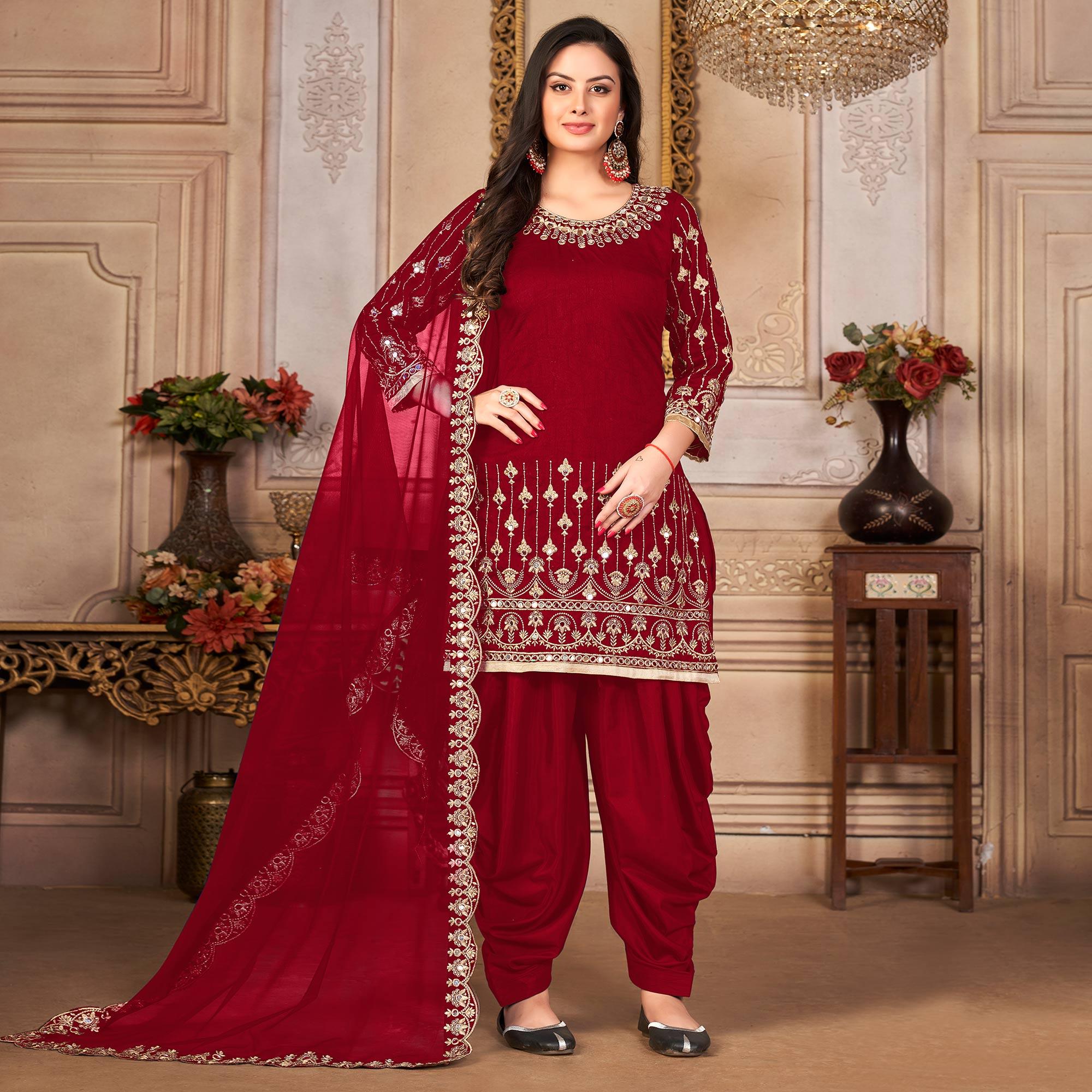 Maroon Embroidered Art Silk Patiala Suit - Peachmode