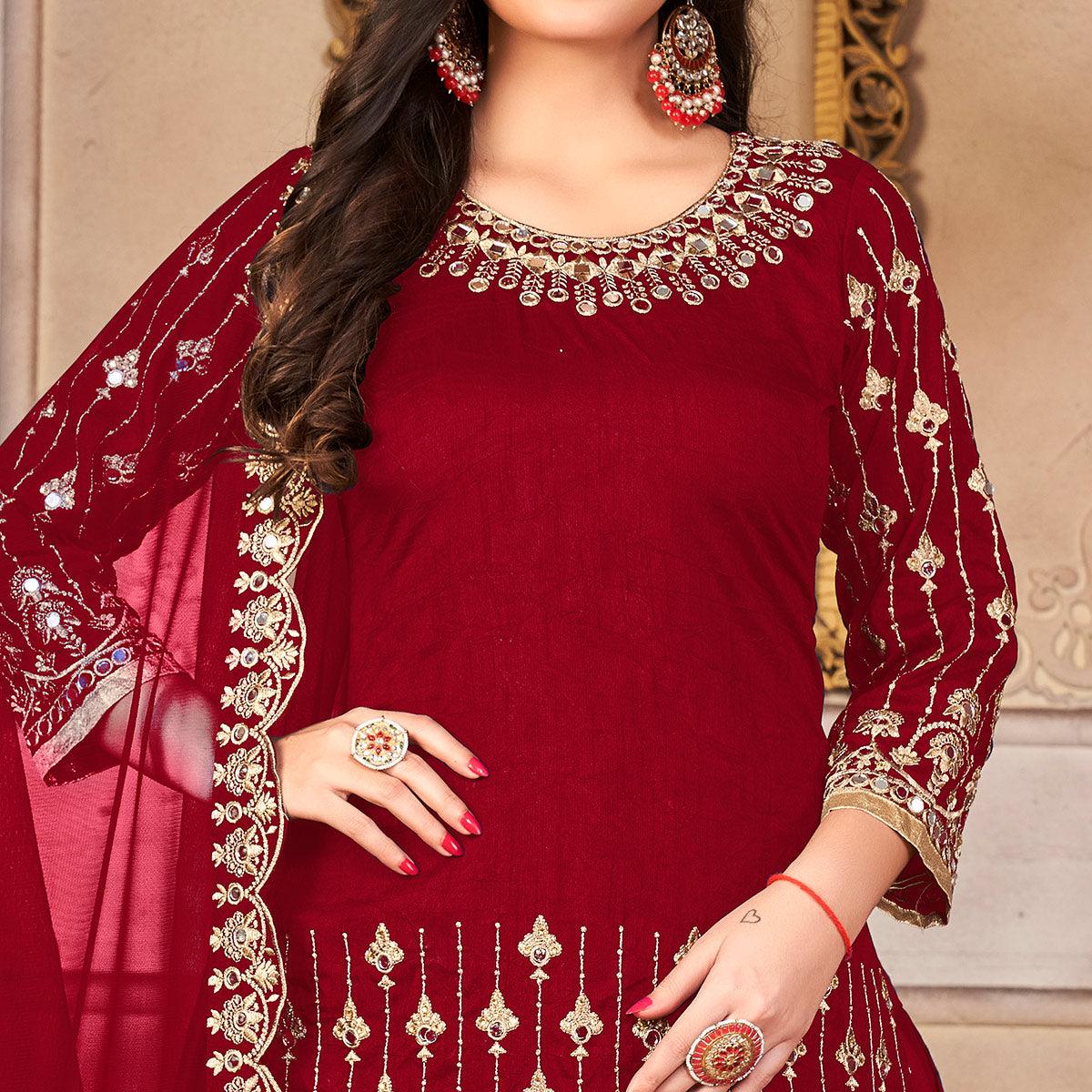 Maroon Embroidered Art Silk Patiala Suit - Peachmode