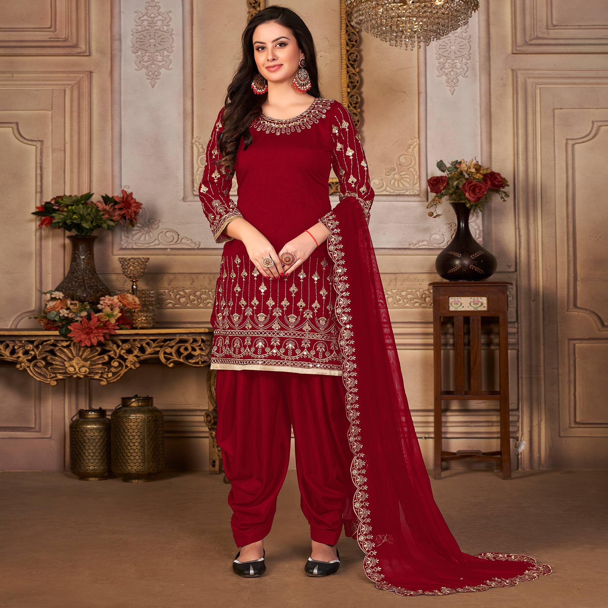 Maroon Embroidered Art Silk Patiala Suit - Peachmode