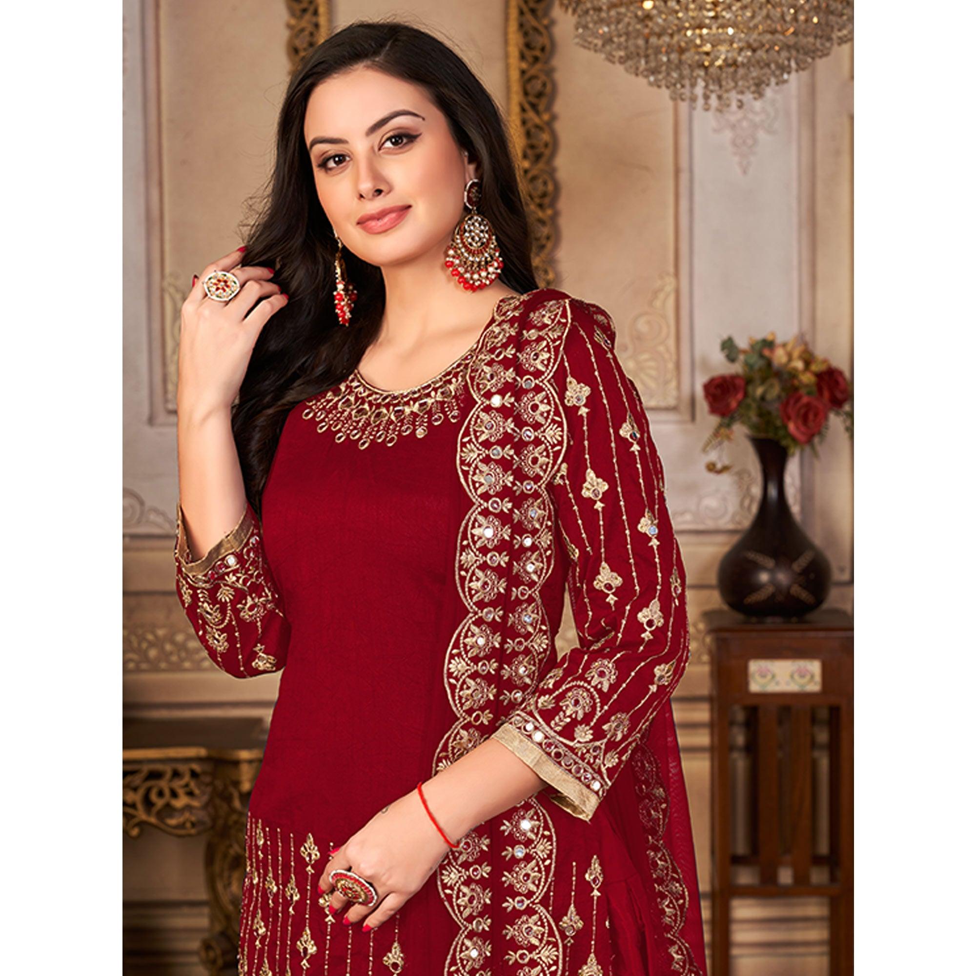 Maroon Embroidered Art Silk Patiala Suit - Peachmode