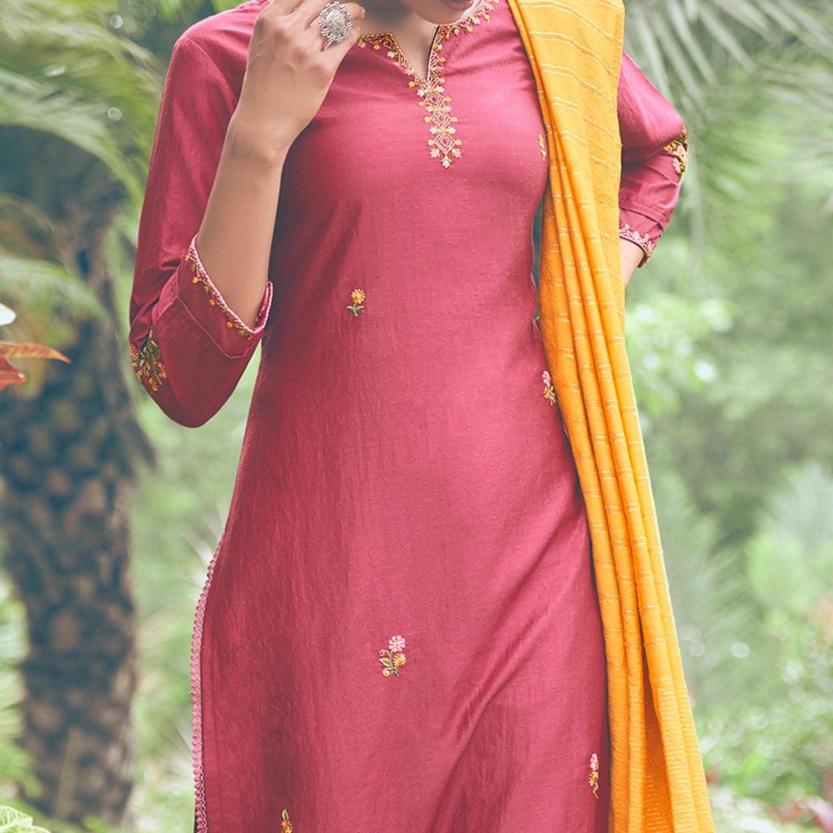 Maroon Embroidered Chiffon Kurti Pant Set with Dupatta - Peachmode