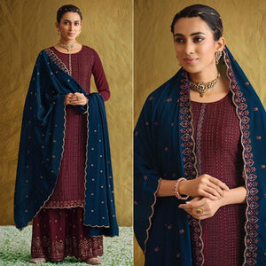 Maroon Embroidered Chiffon Palazzo Suit - Peachmode