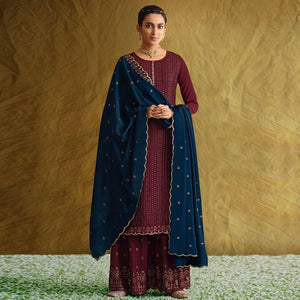 Maroon Embroidered Chiffon Palazzo Suit - Peachmode