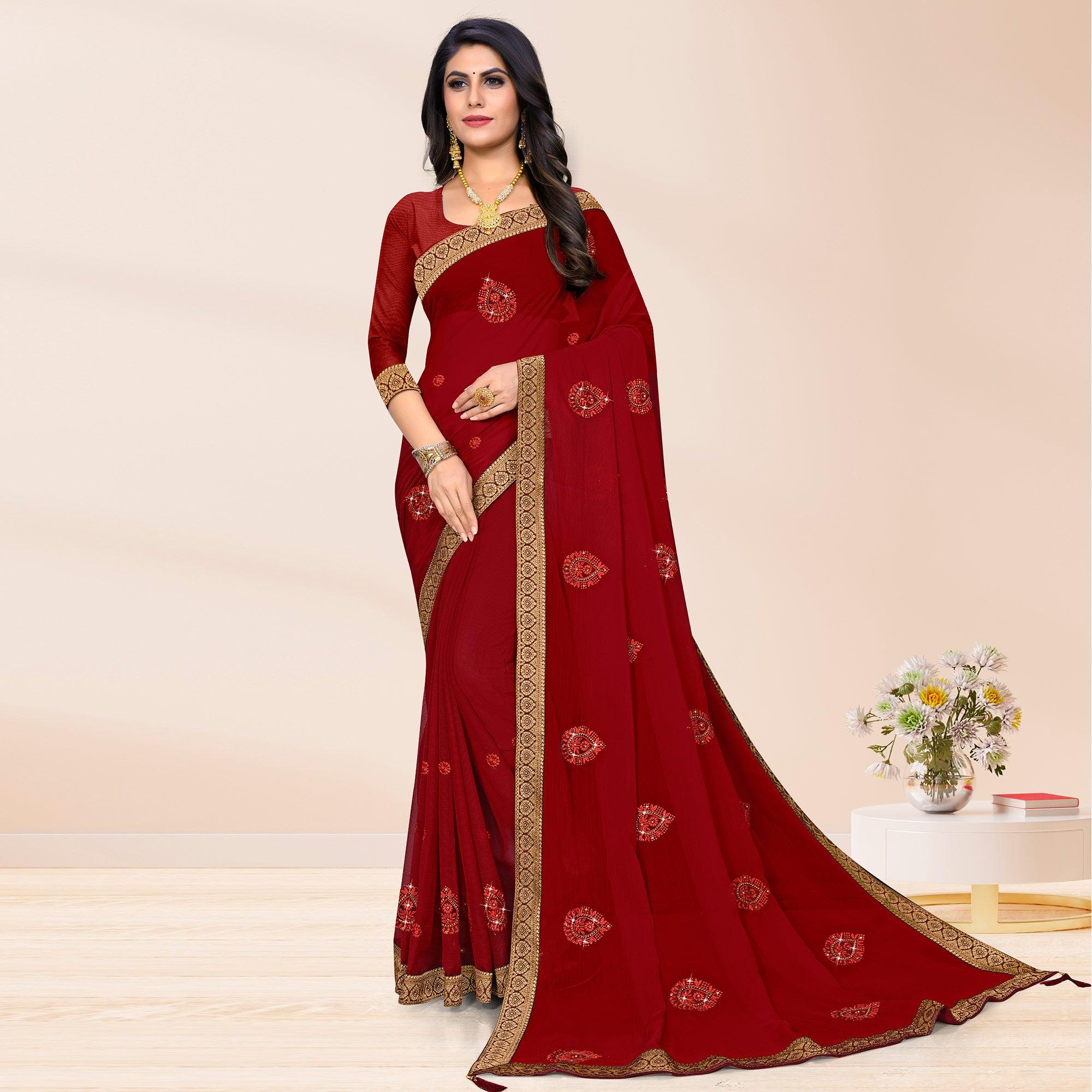 Maroon Embroidered Chiffon Saree - Peachmode