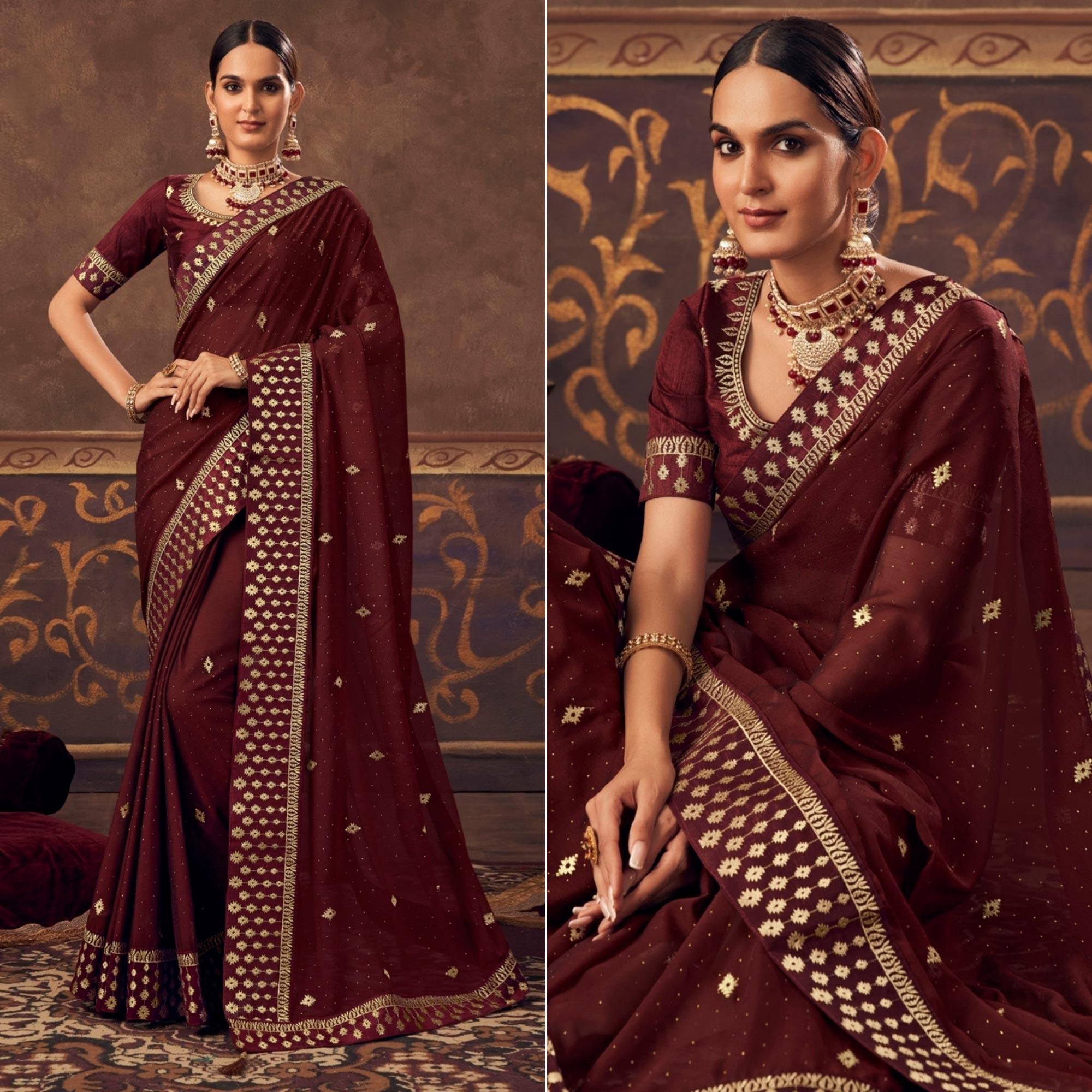 Maroon Embroidered Chiffon Saree - Peachmode