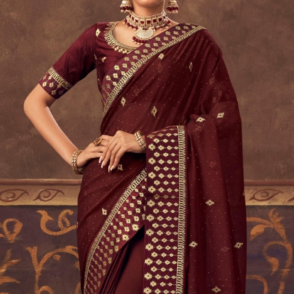 Maroon Embroidered Chiffon Saree - Peachmode