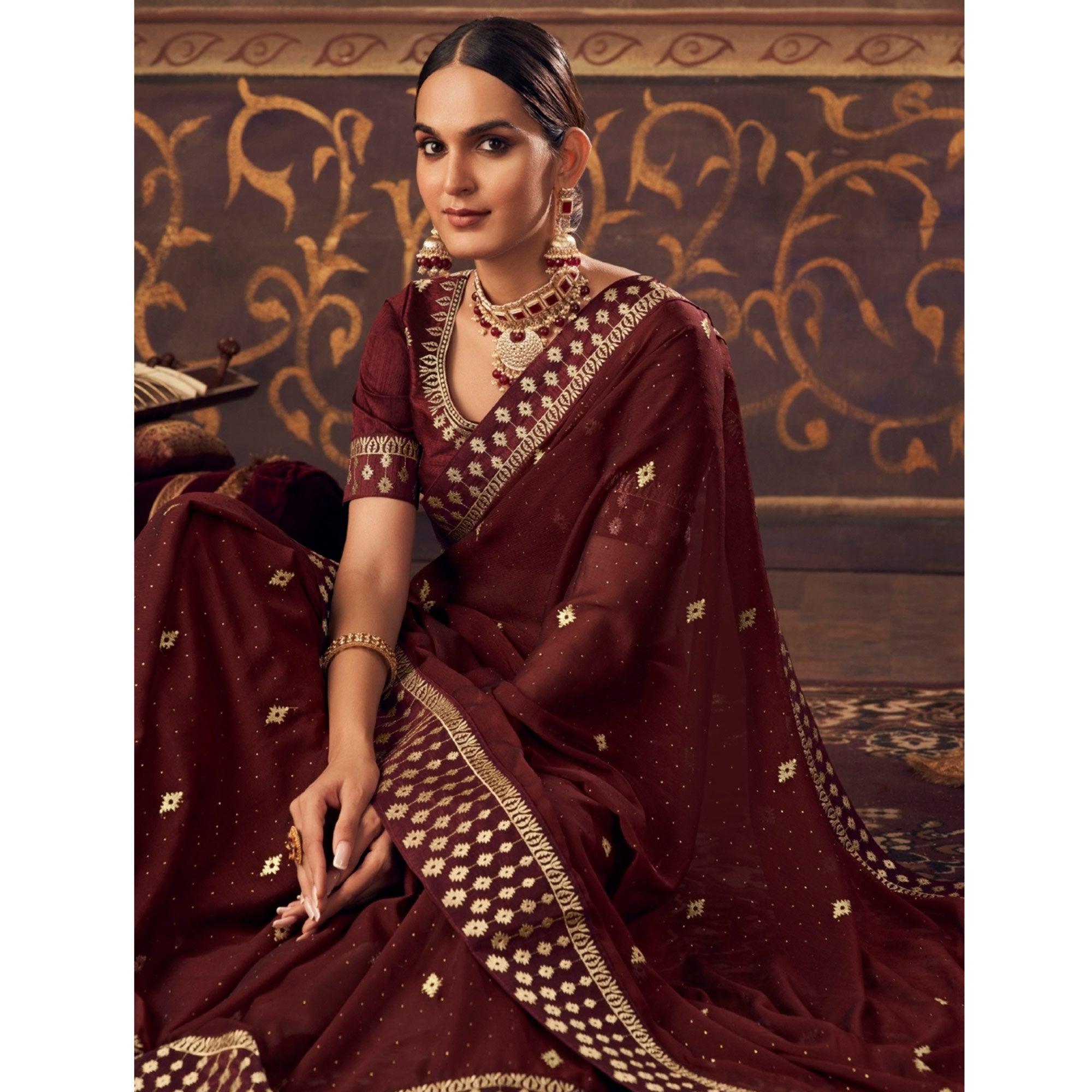 Maroon Embroidered Chiffon Saree - Peachmode