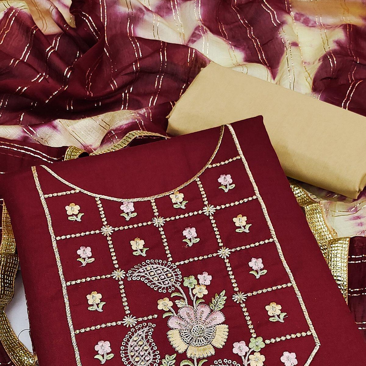 Maroon Embroidered Cotton Dress Material - Peachmode