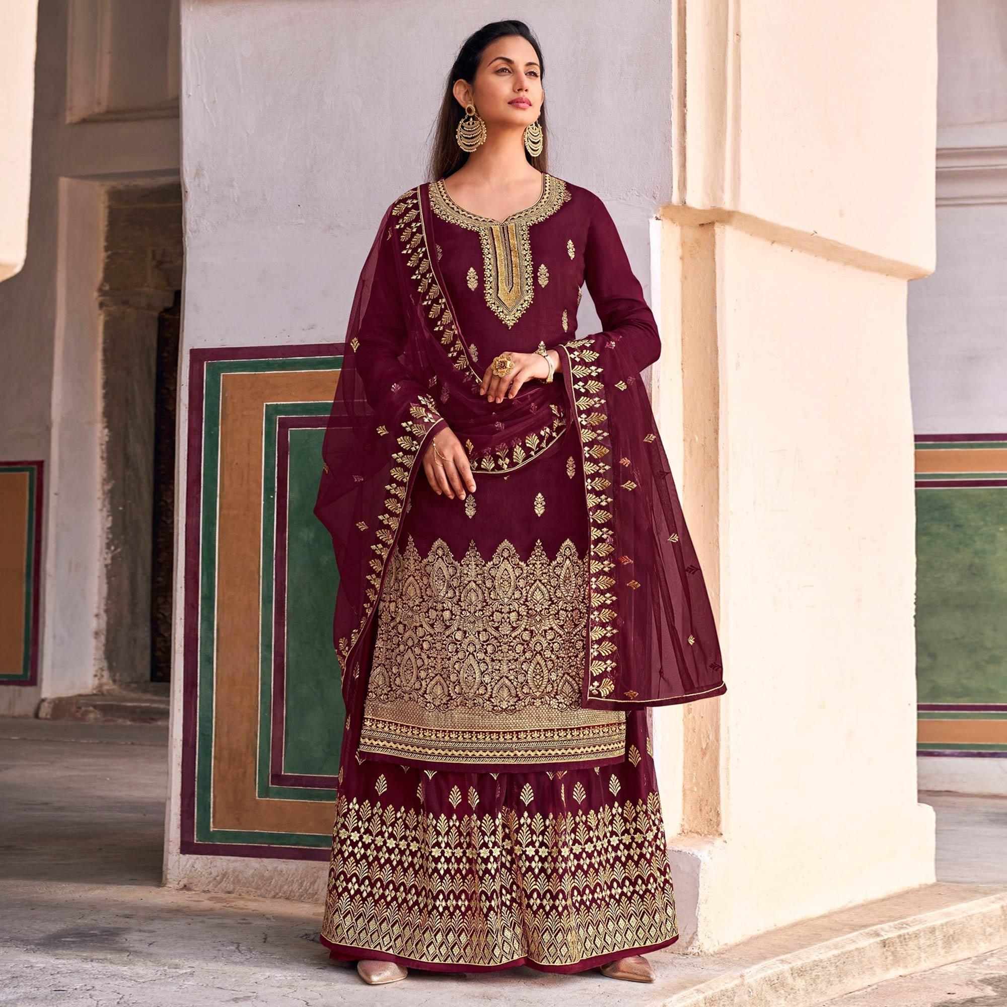Maroon Embroidered Dola Silk Palazzo Suit - Peachmode