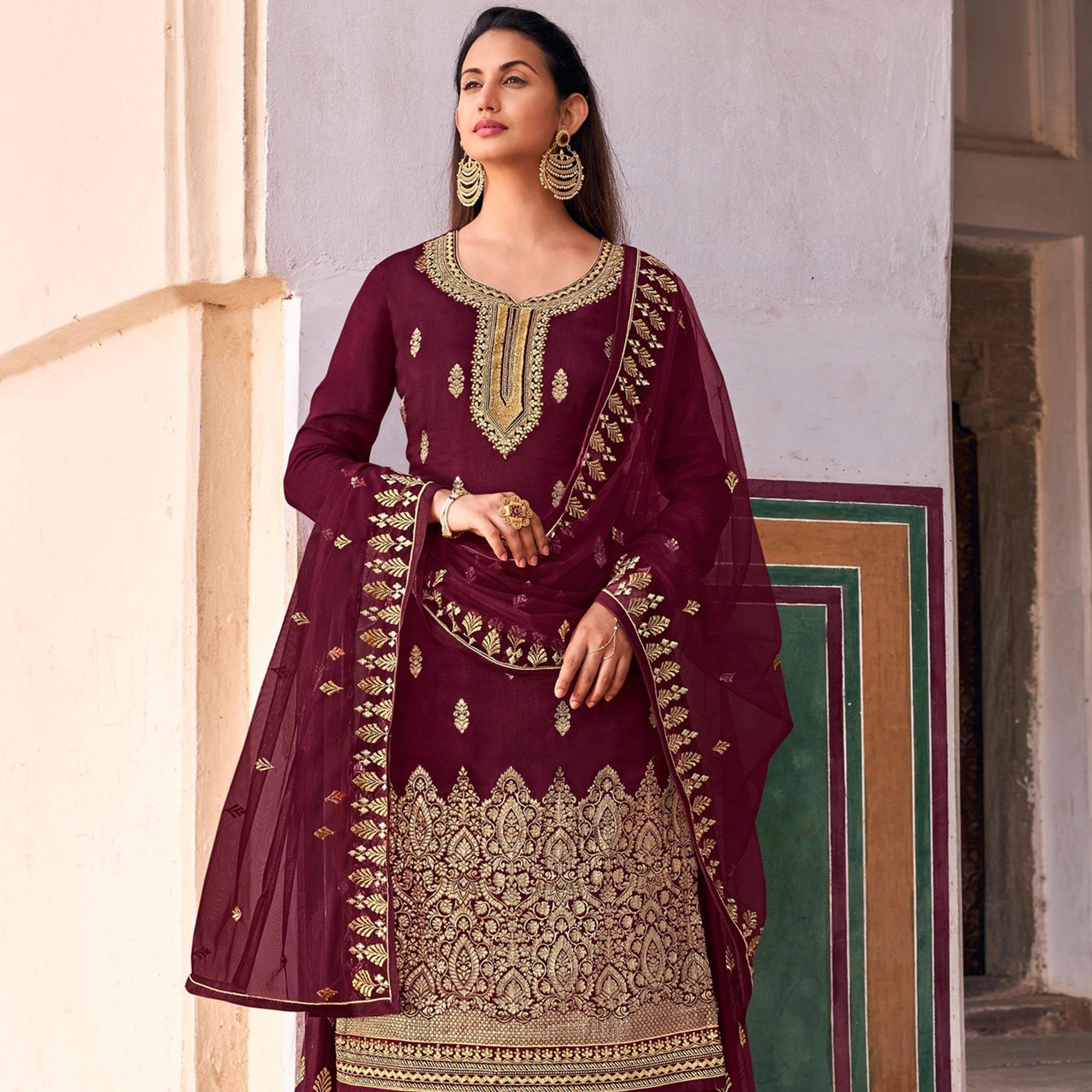 Maroon Embroidered Dola Silk Palazzo Suit - Peachmode