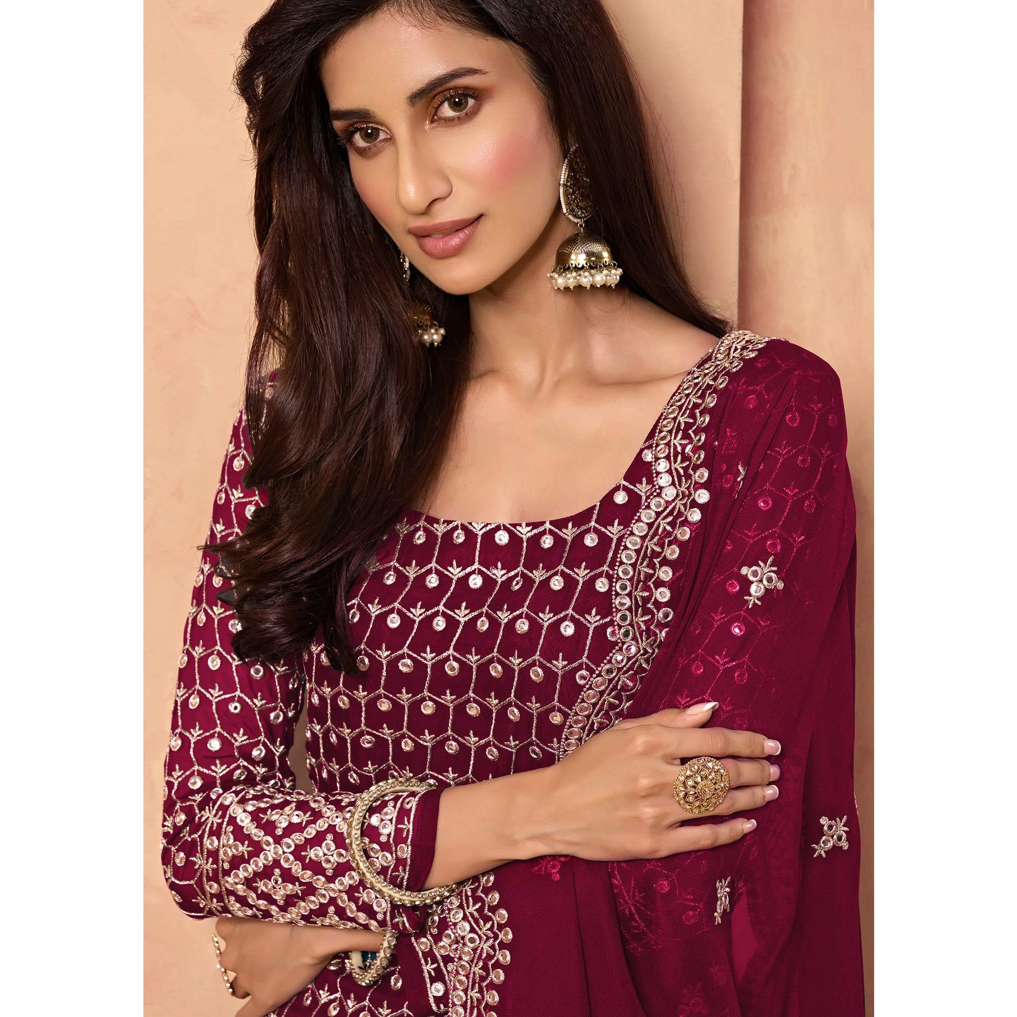 Maroon Embroidered-Embellished Georgette Sharara Suit - Peachmode