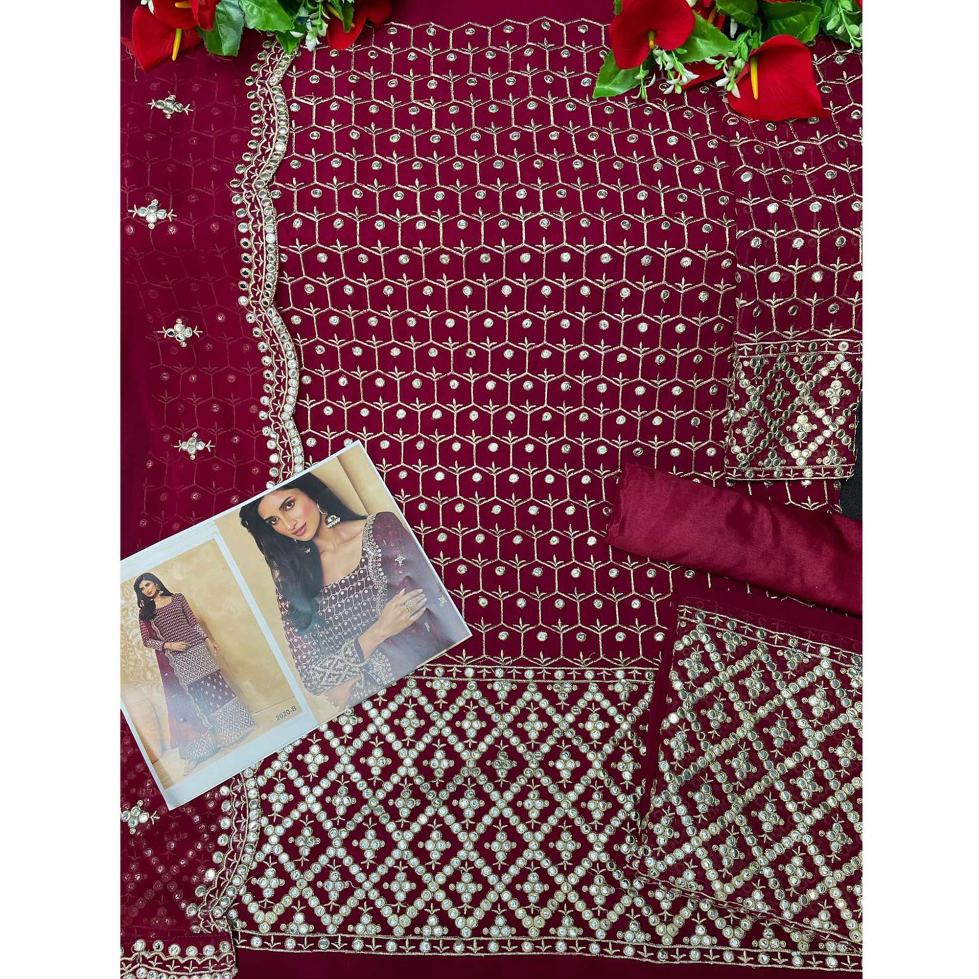 Maroon Embroidered-Embellished Georgette Sharara Suit - Peachmode