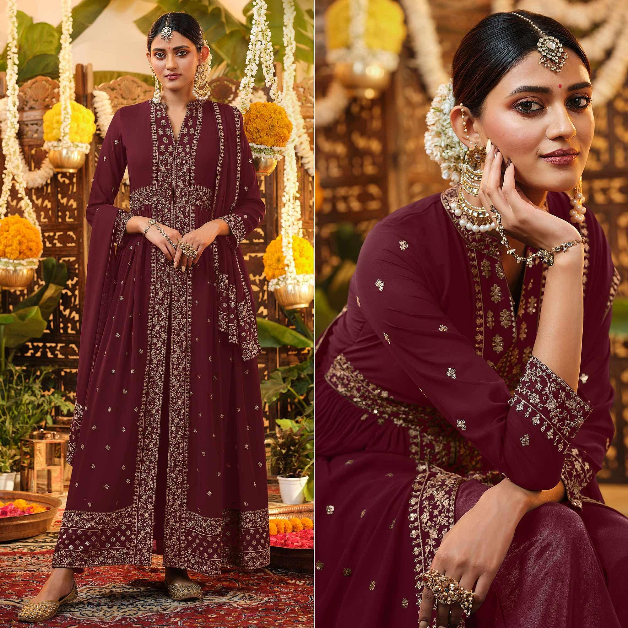 Maroon Embroidered Georgette Anarkali Suit - Peachmode