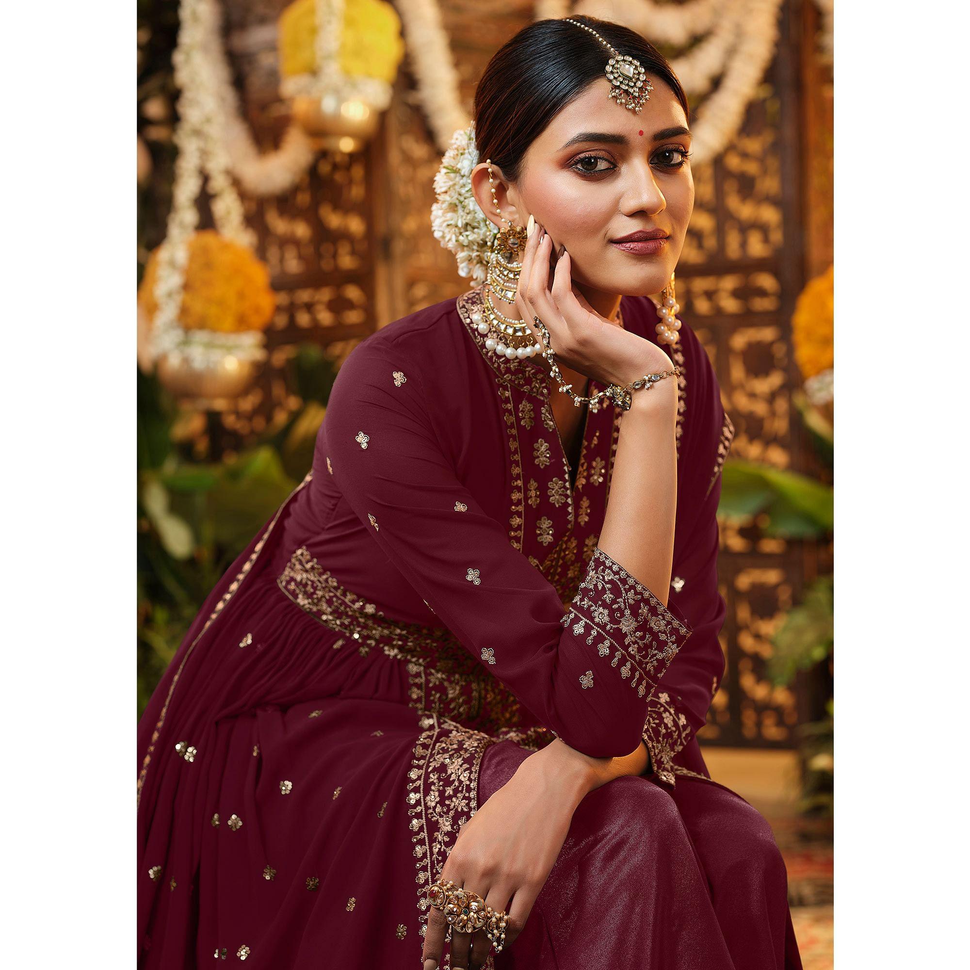 Maroon Embroidered Georgette Anarkali Suit - Peachmode