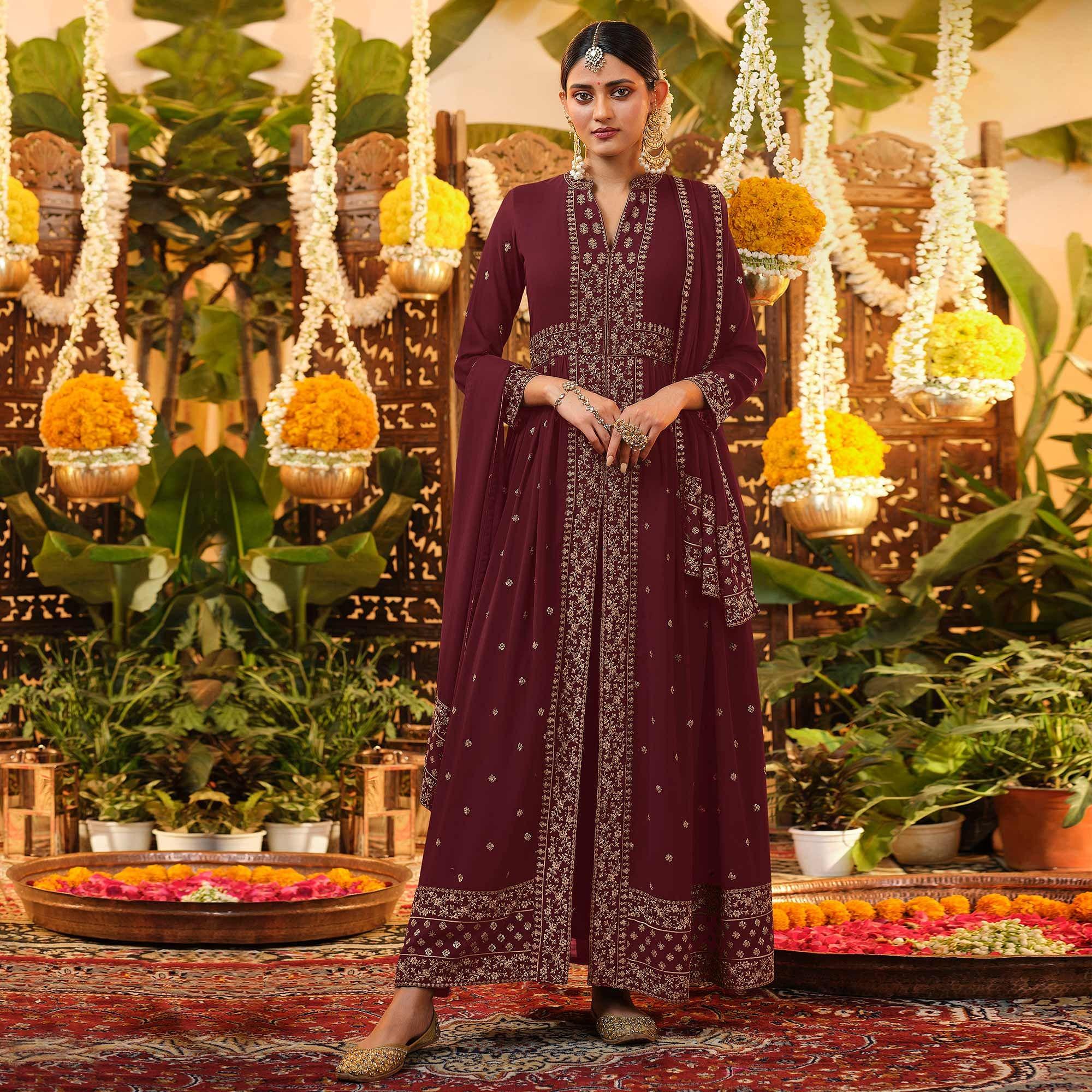 Maroon Embroidered Georgette Anarkali Suit - Peachmode