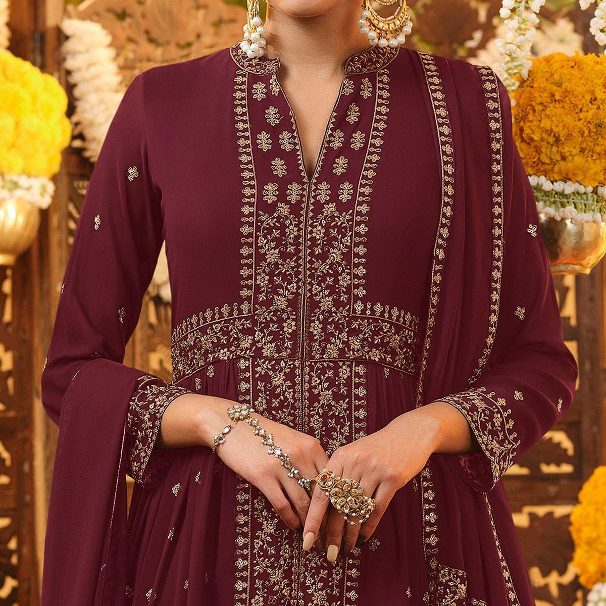 Maroon Embroidered Georgette Anarkali Suit - Peachmode