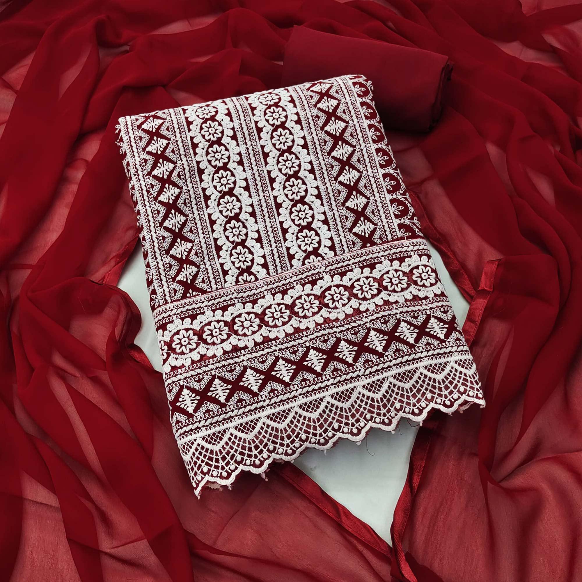 Maroon Embroidered Georgette Dress Material - Peachmode