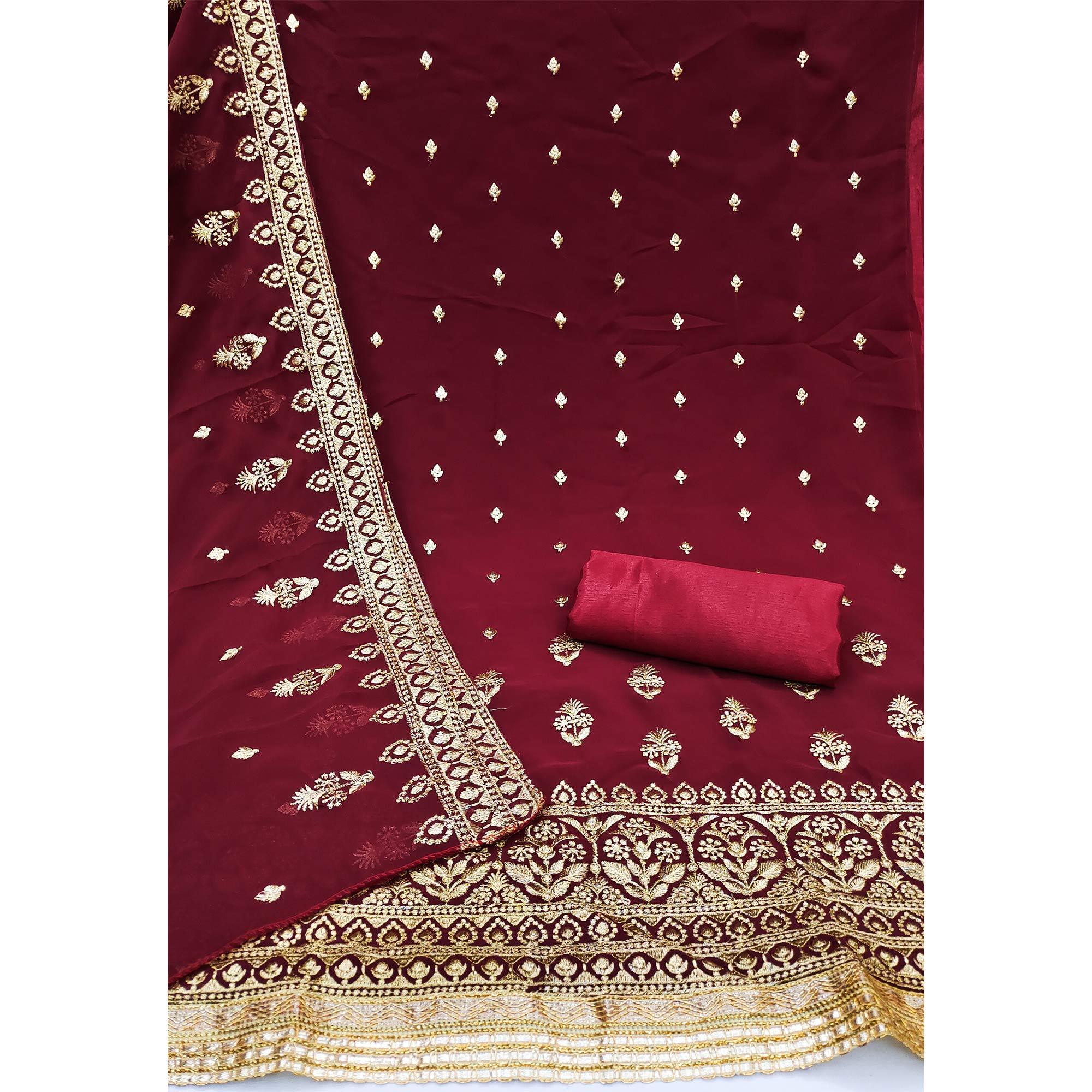 Maroon Embroidered Georgette Dress Material - Peachmode