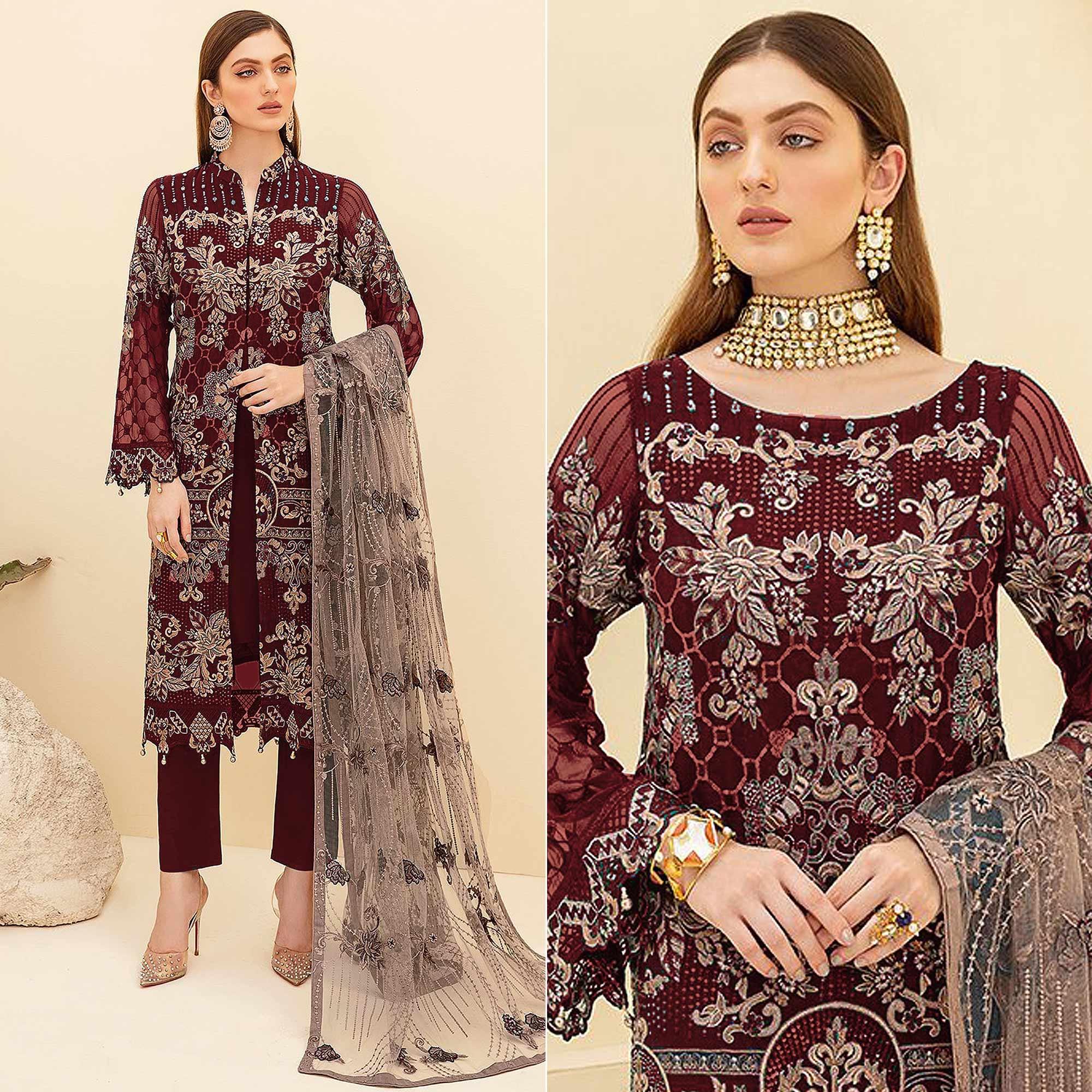 Maroon Embroidered Georgette Pakistani Suit - Peachmode