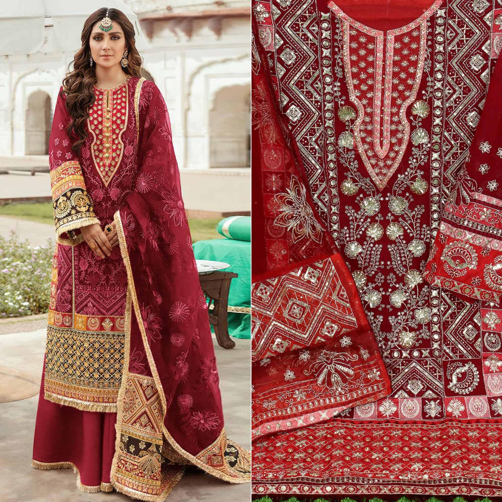 Maroon Embroidered Georgette Pakistani Suit - Peachmode