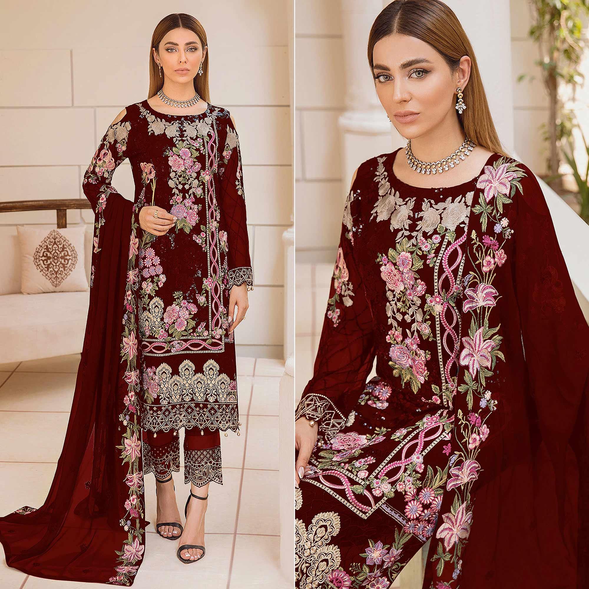 Maroon Embroidered Georgette Pakistani Suit - Peachmode