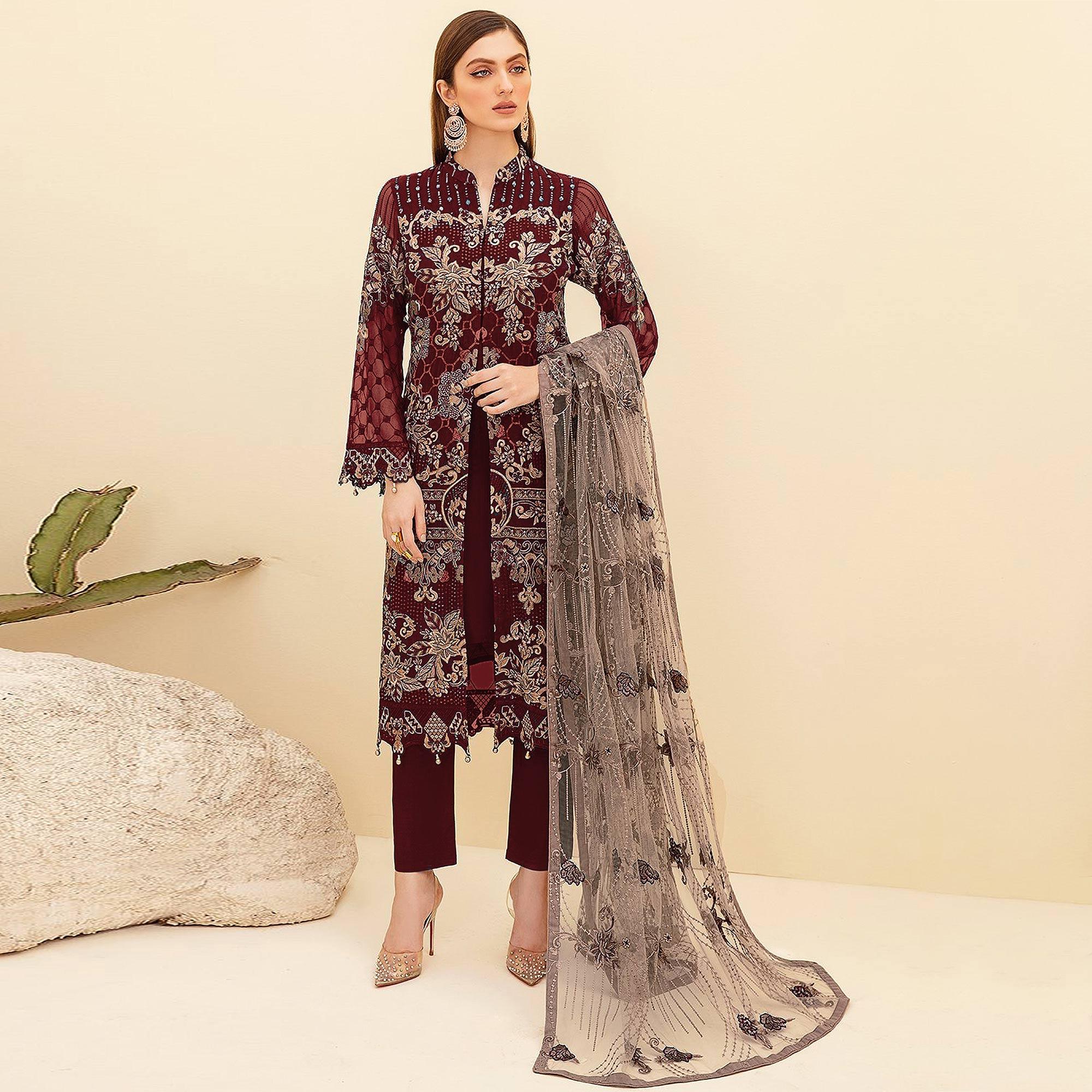 Maroon Embroidered Georgette Pakistani Suit - Peachmode