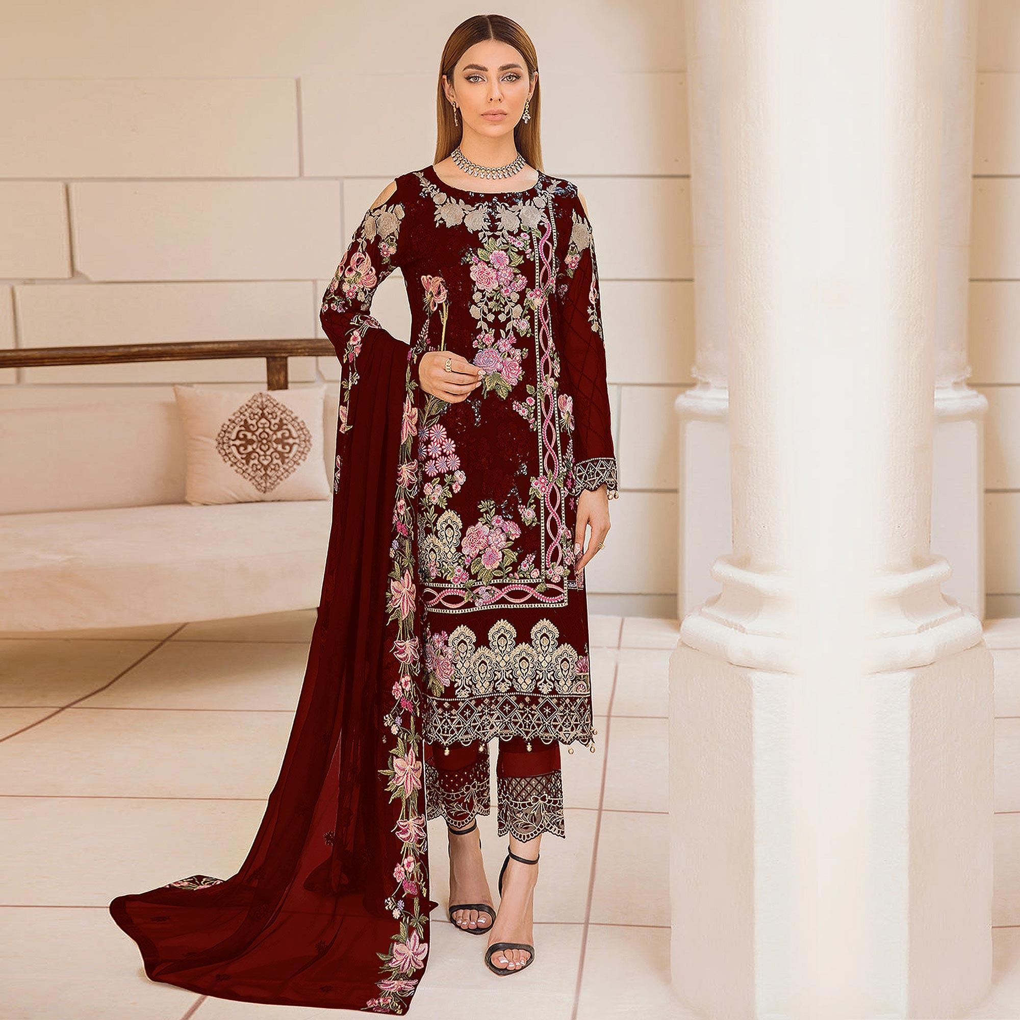 Maroon Embroidered Georgette Pakistani Suit - Peachmode