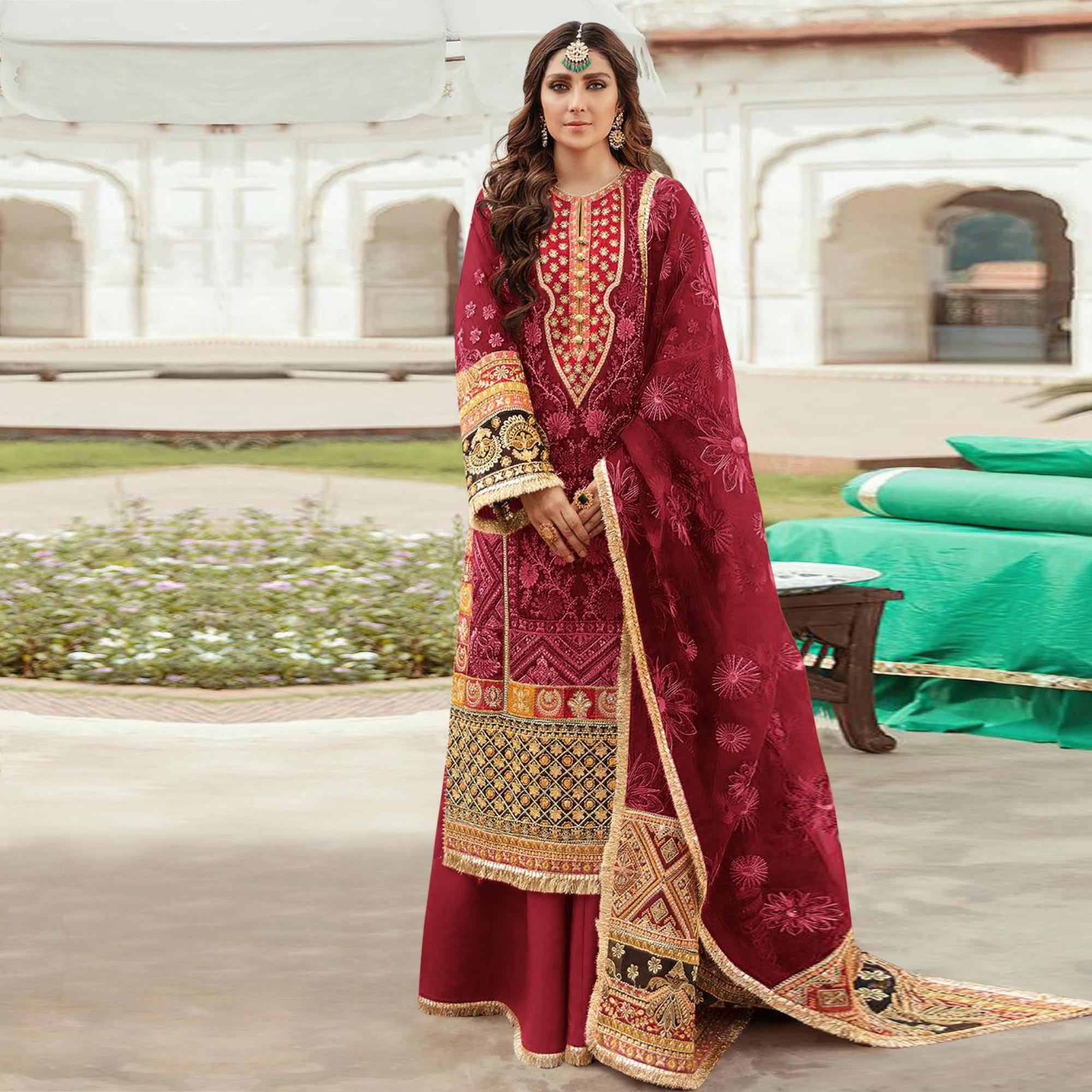 Maroon Embroidered Georgette Pakistani Suit - Peachmode