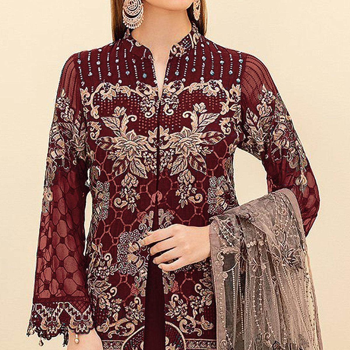 Maroon Embroidered Georgette Pakistani Suit - Peachmode