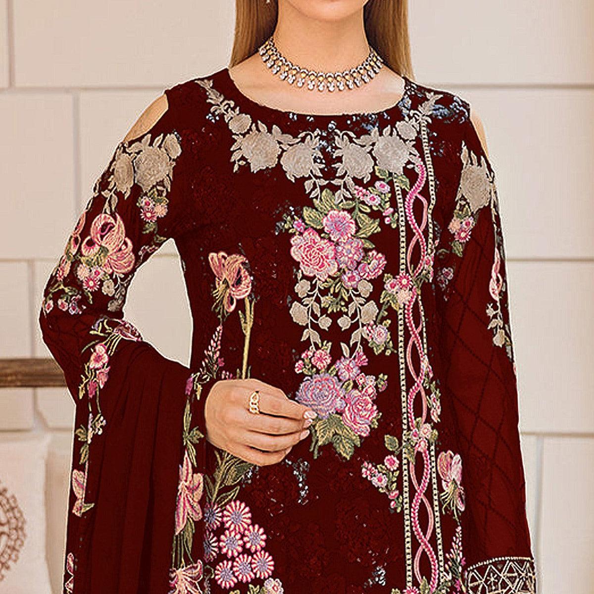 Maroon Embroidered Georgette Pakistani Suit - Peachmode