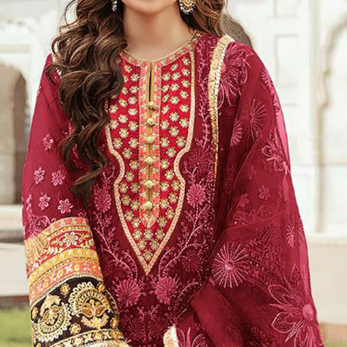 Maroon Embroidered Georgette Pakistani Suit - Peachmode