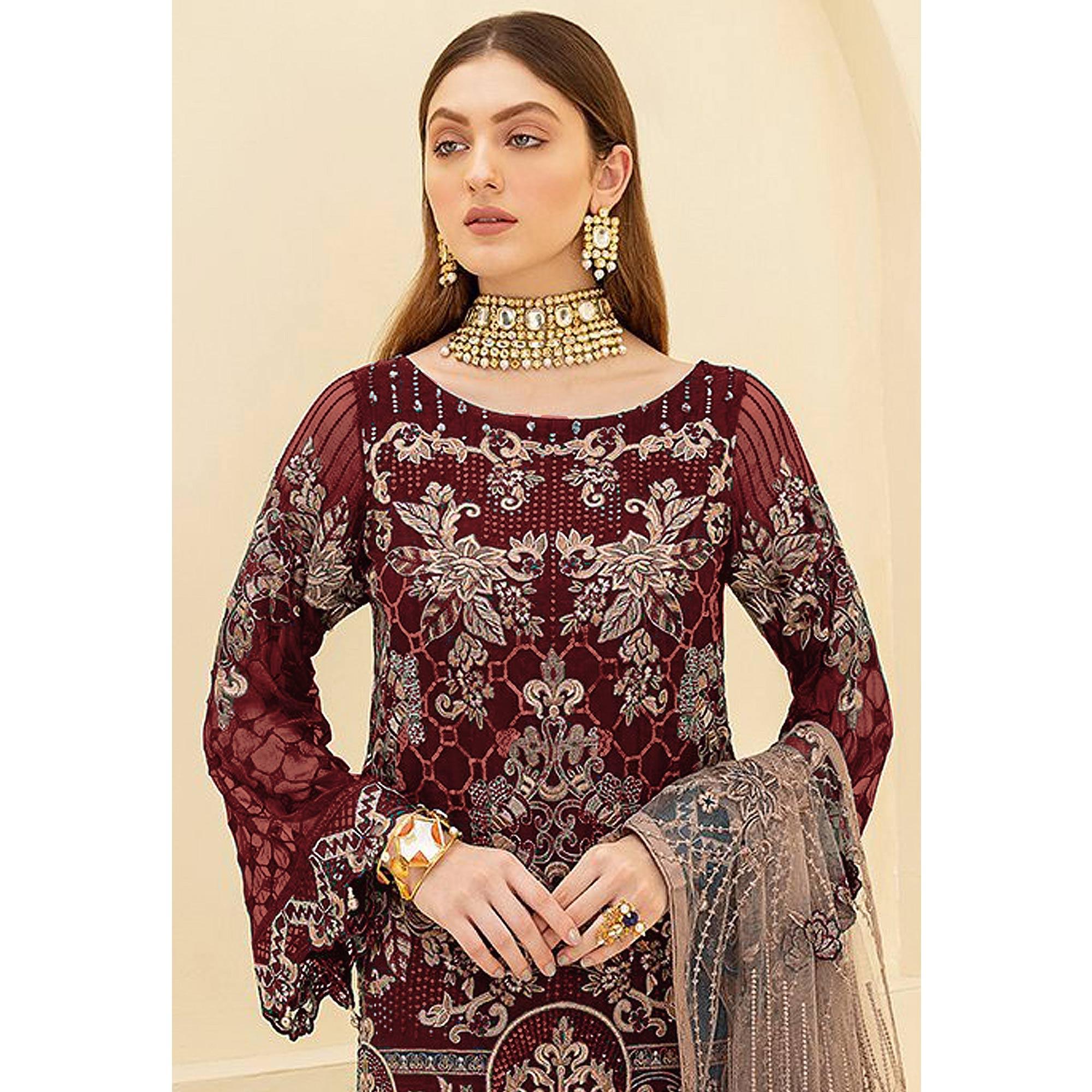 Maroon Embroidered Georgette Pakistani Suit - Peachmode
