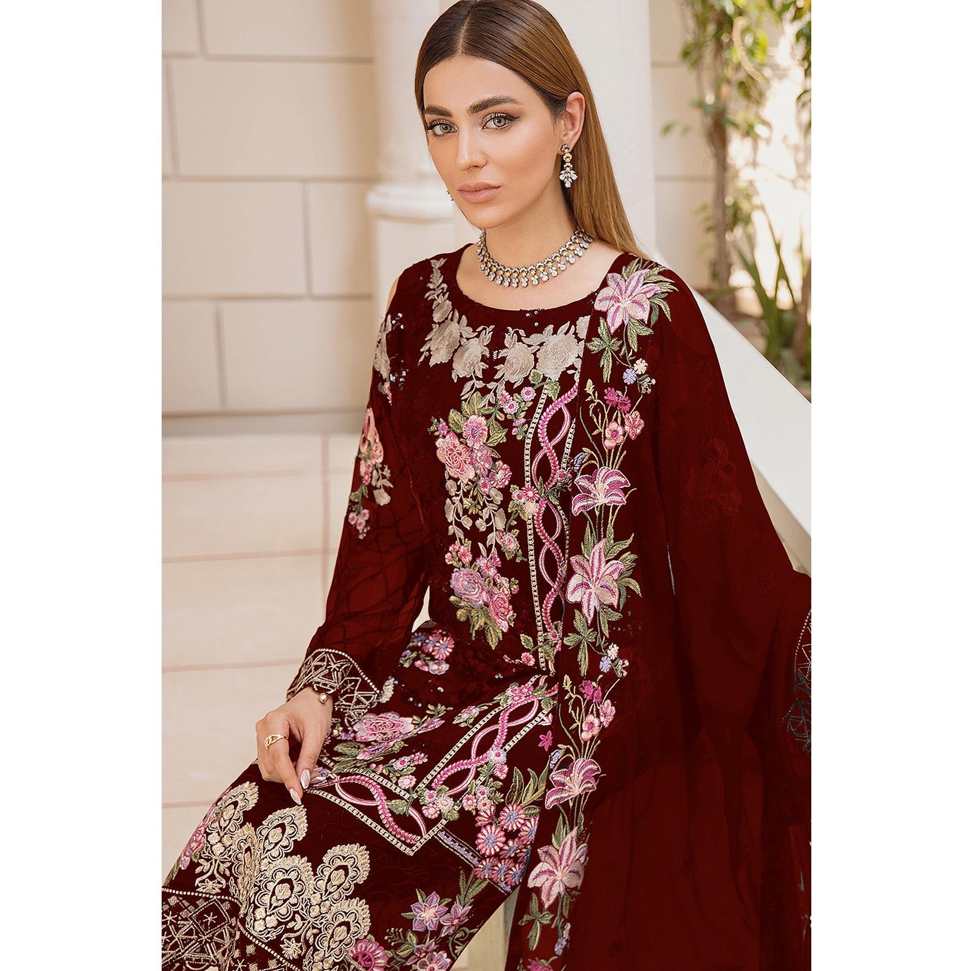 Maroon Embroidered Georgette Pakistani Suit - Peachmode