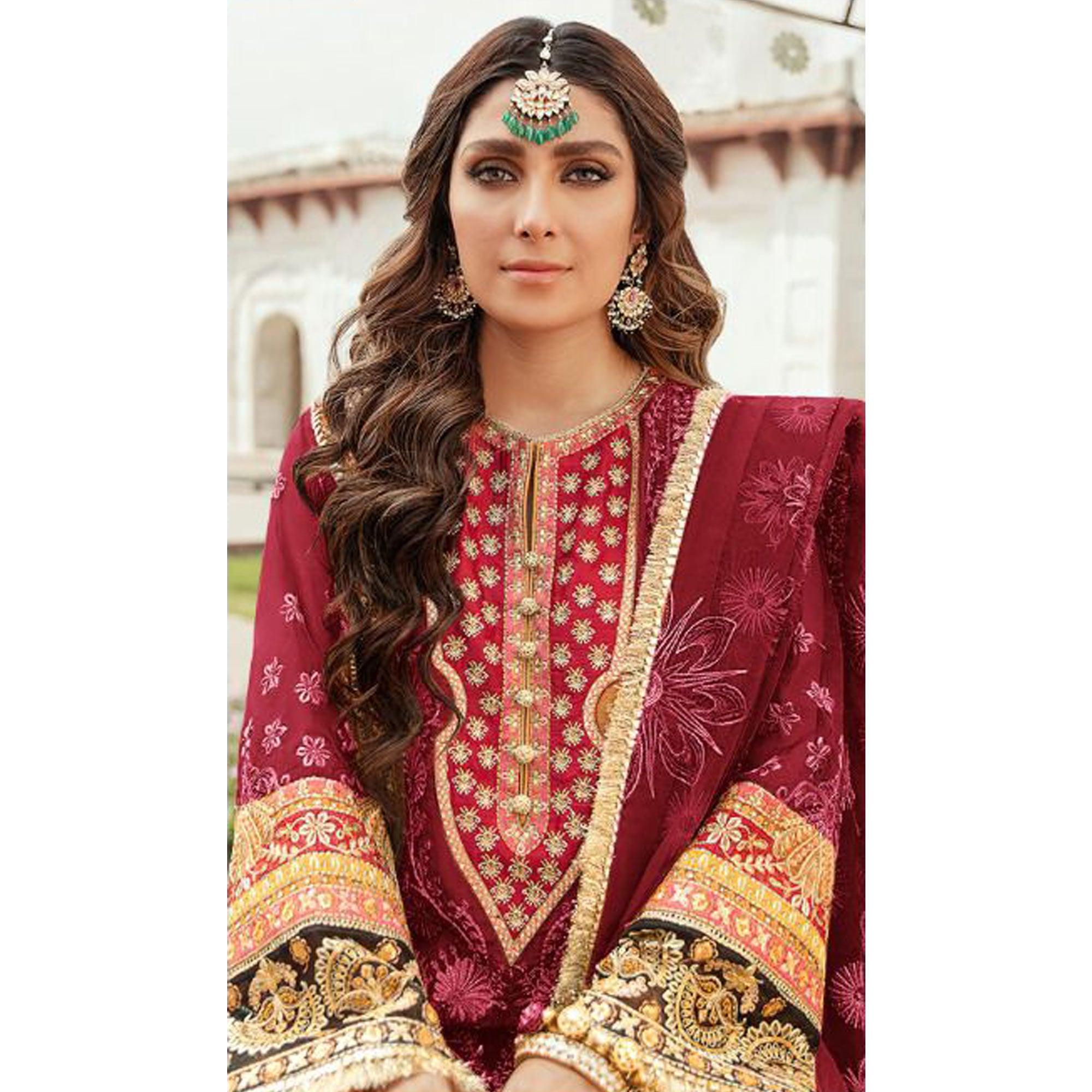 Maroon Embroidered Georgette Pakistani Suit - Peachmode