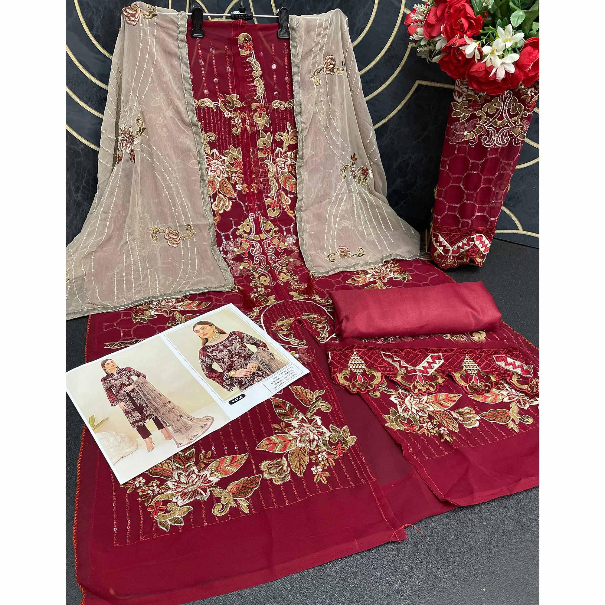 Maroon Embroidered Georgette Pakistani Suit - Peachmode