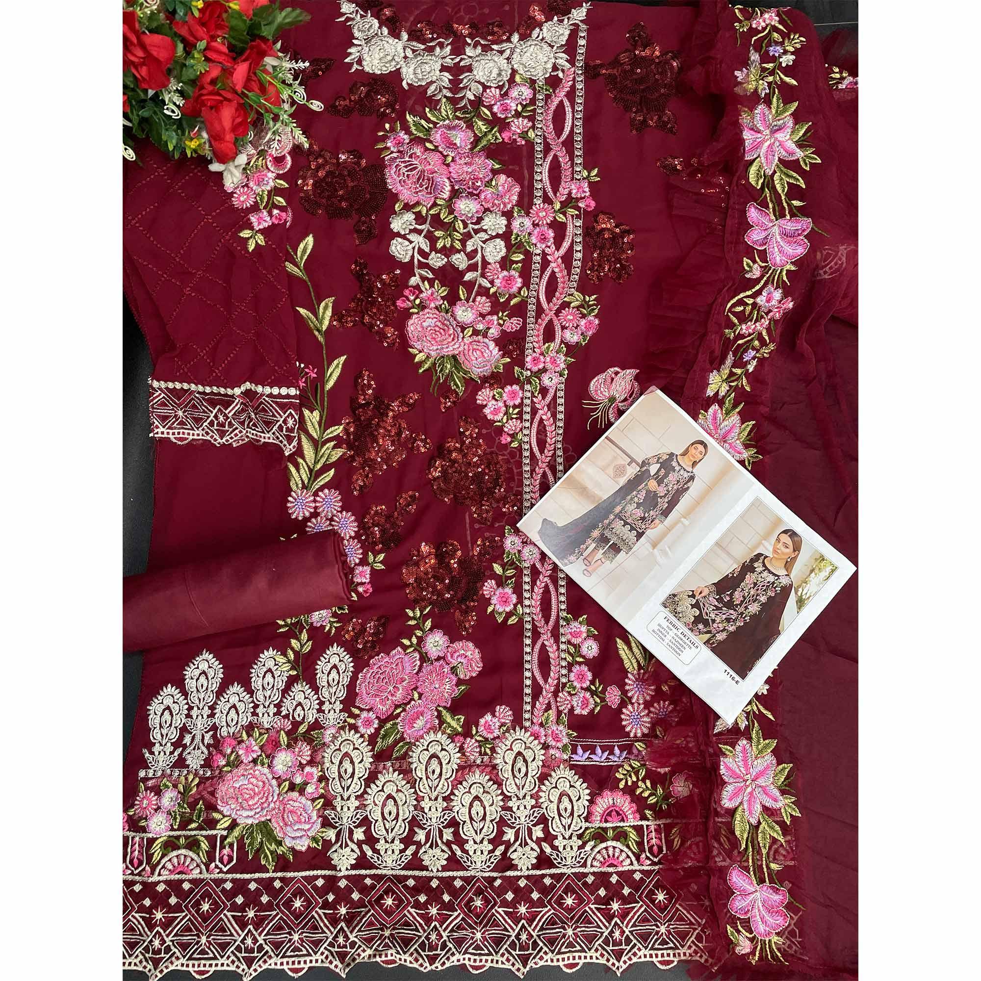 Maroon Embroidered Georgette Pakistani Suit - Peachmode