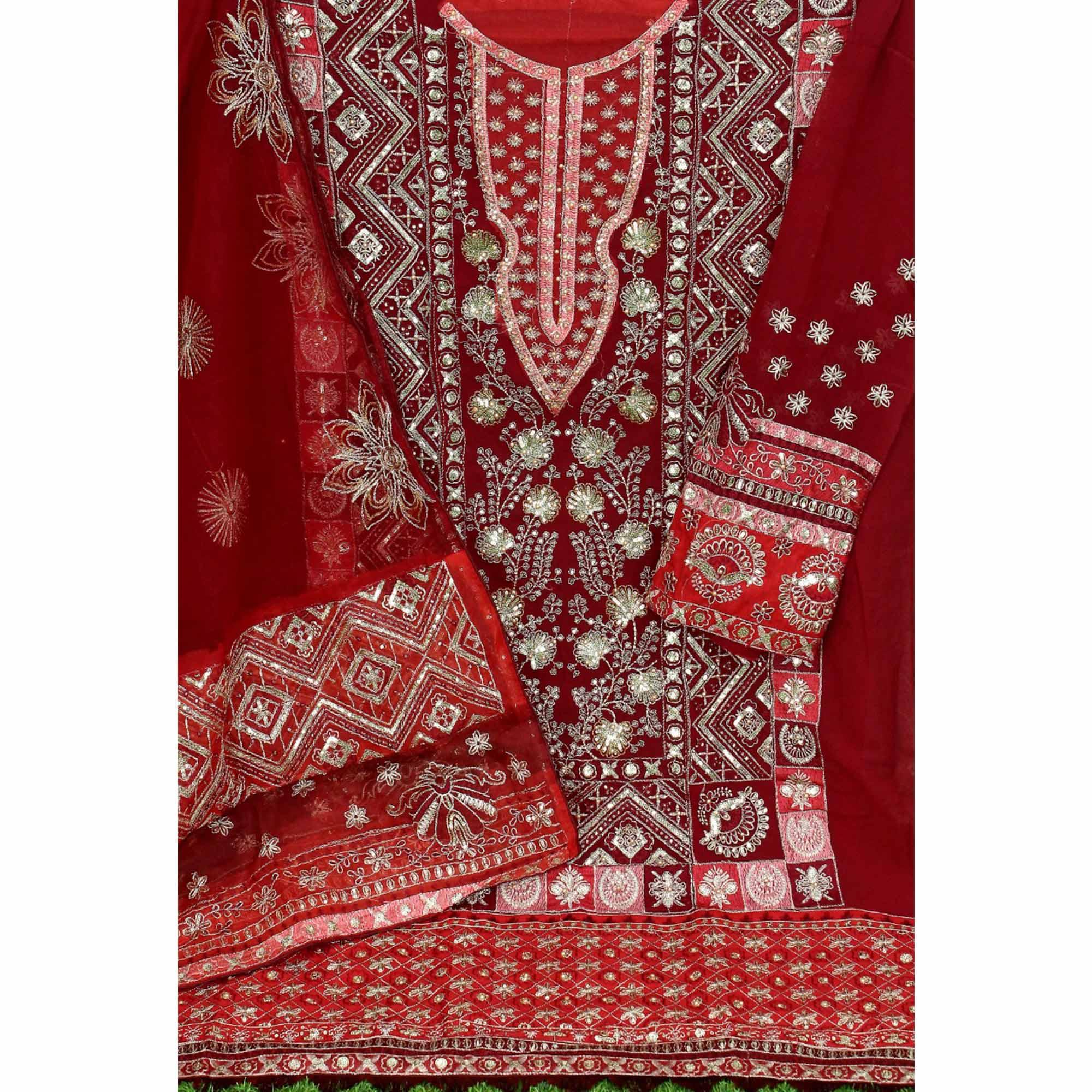 Maroon Embroidered Georgette Pakistani Suit - Peachmode