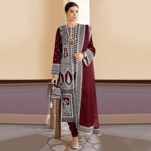 Maroon Embroidered Georgette Partywear Pakistani Suit - Peachmode