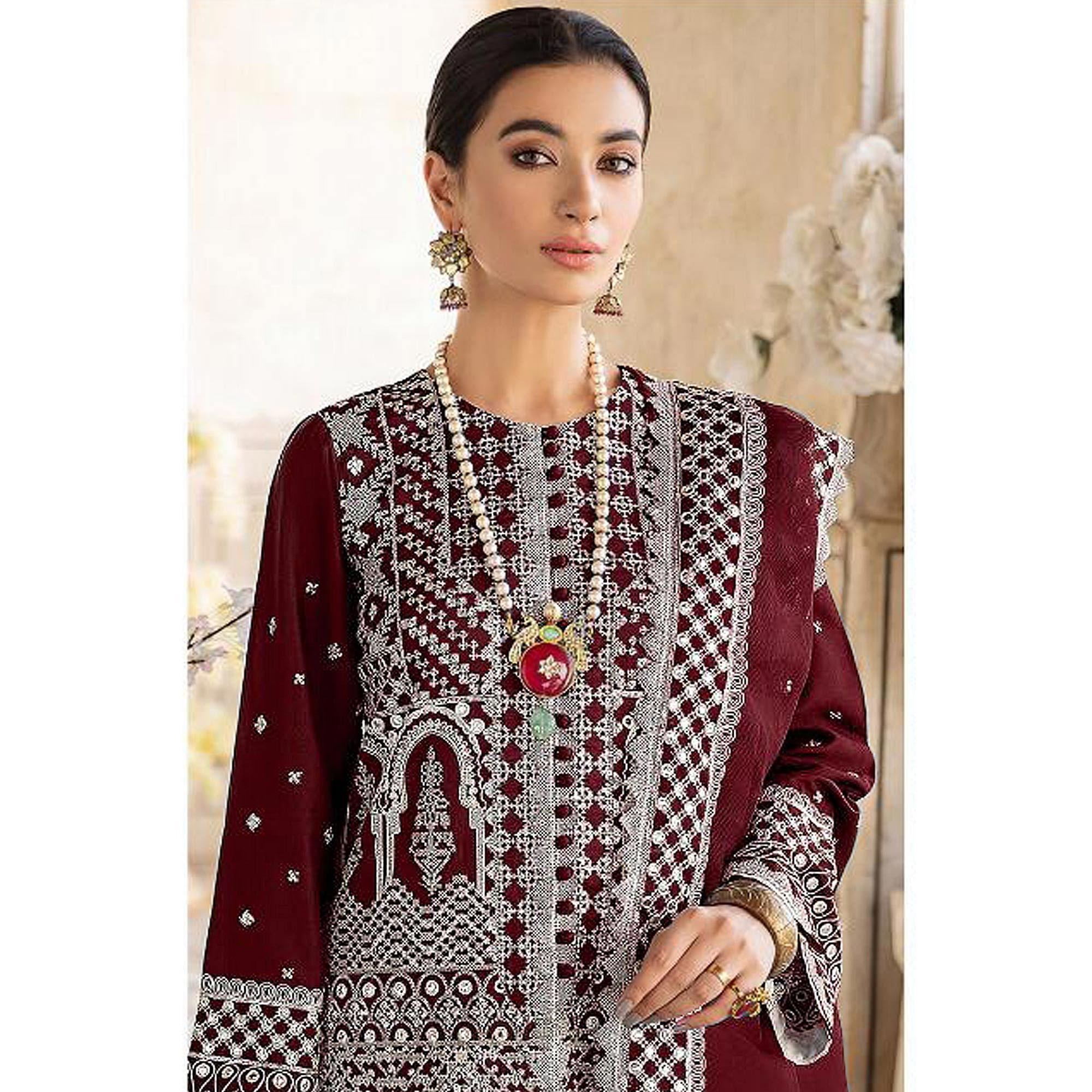 Maroon Embroidered Georgette Partywear Pakistani Suit - Peachmode