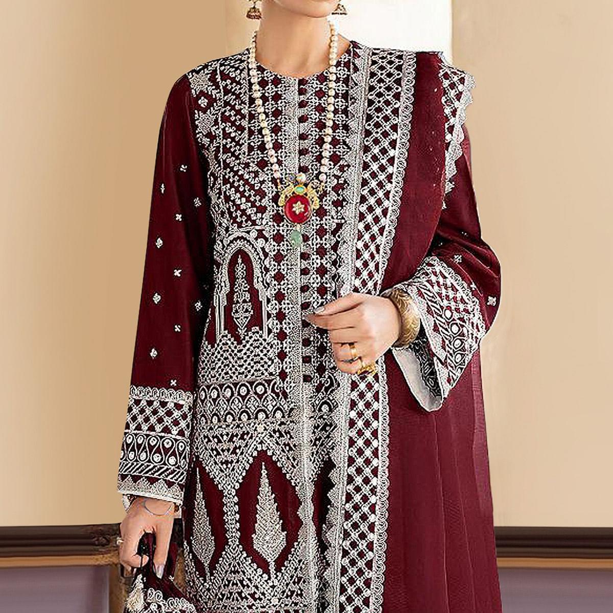 Maroon Embroidered Georgette Partywear Pakistani Suit - Peachmode